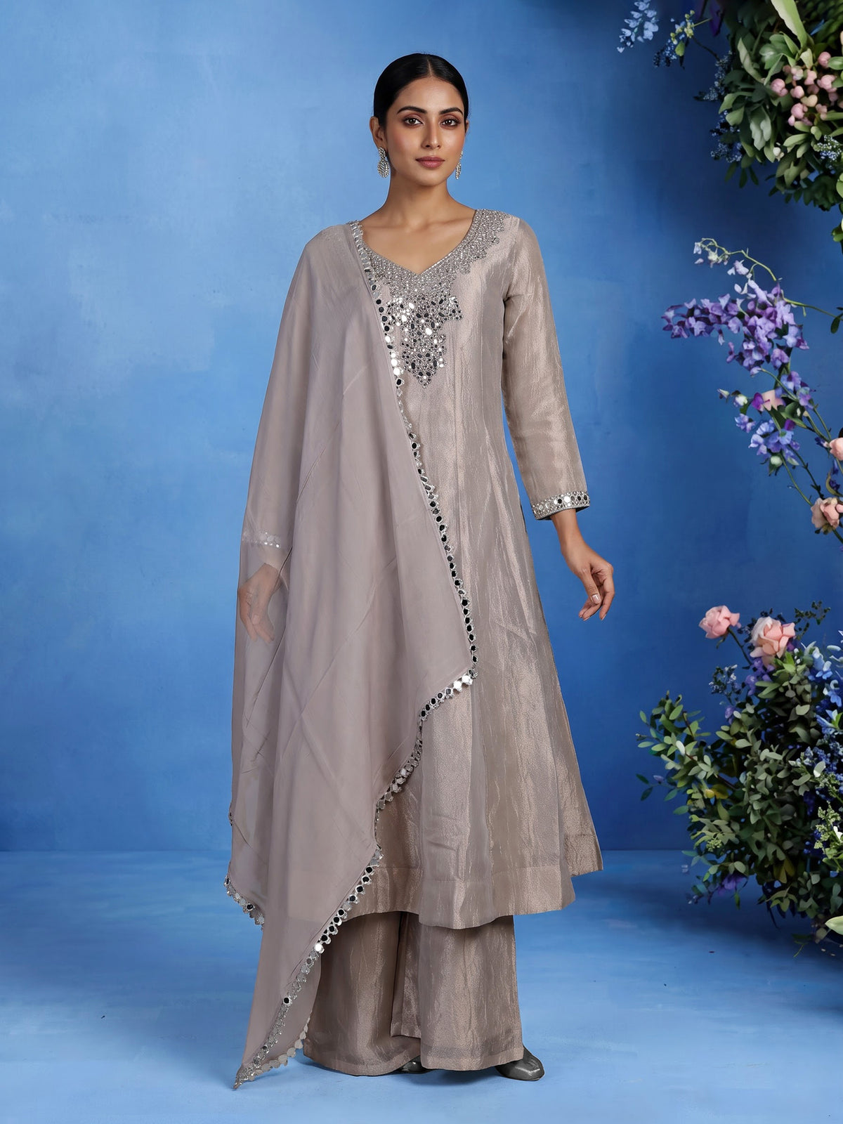 Pastel grey tissue silk anarkali suit with cutdana and zardosi work