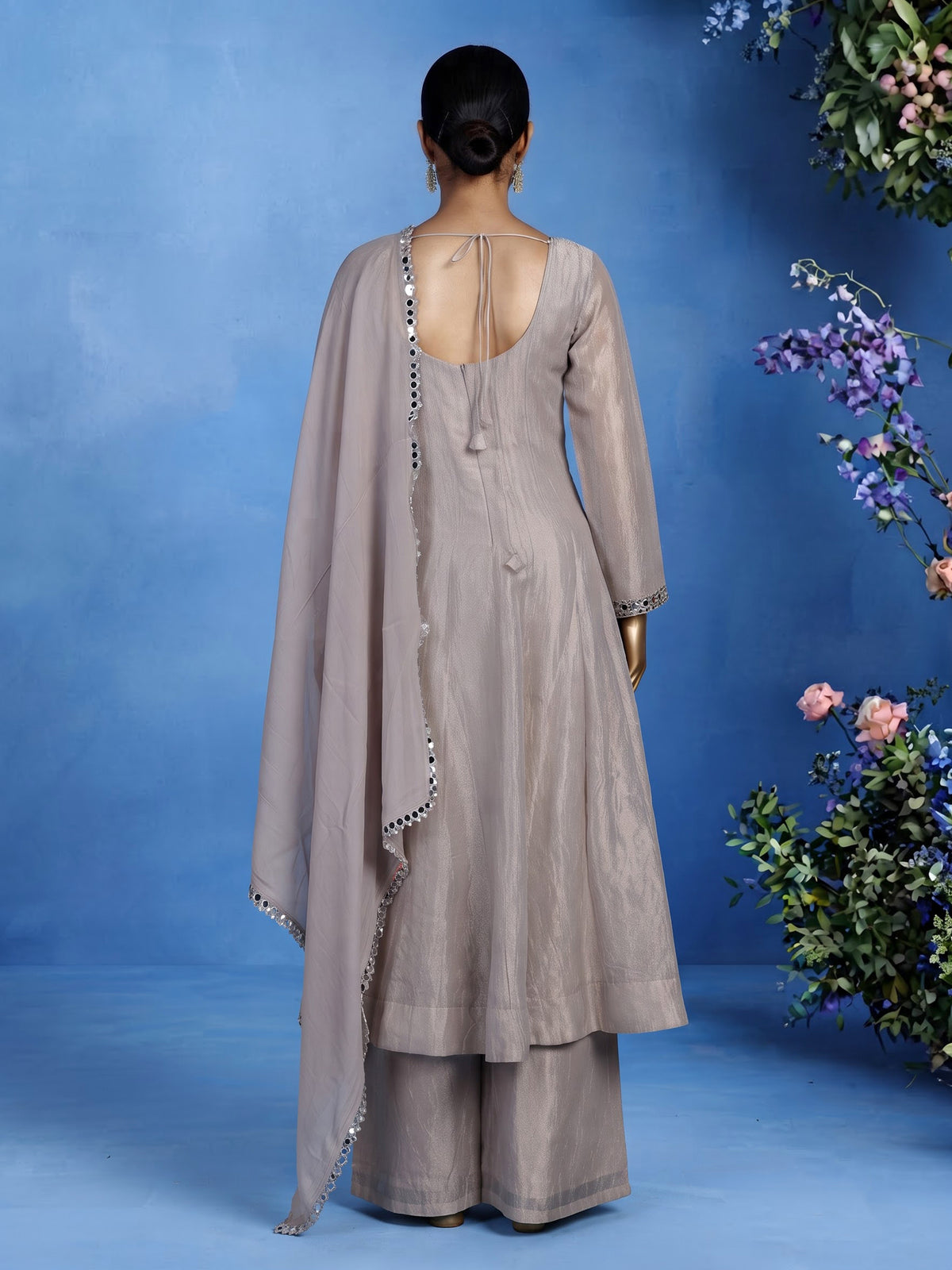 Pastel grey tissue silk anarkali suit with cutdana and zardosi work