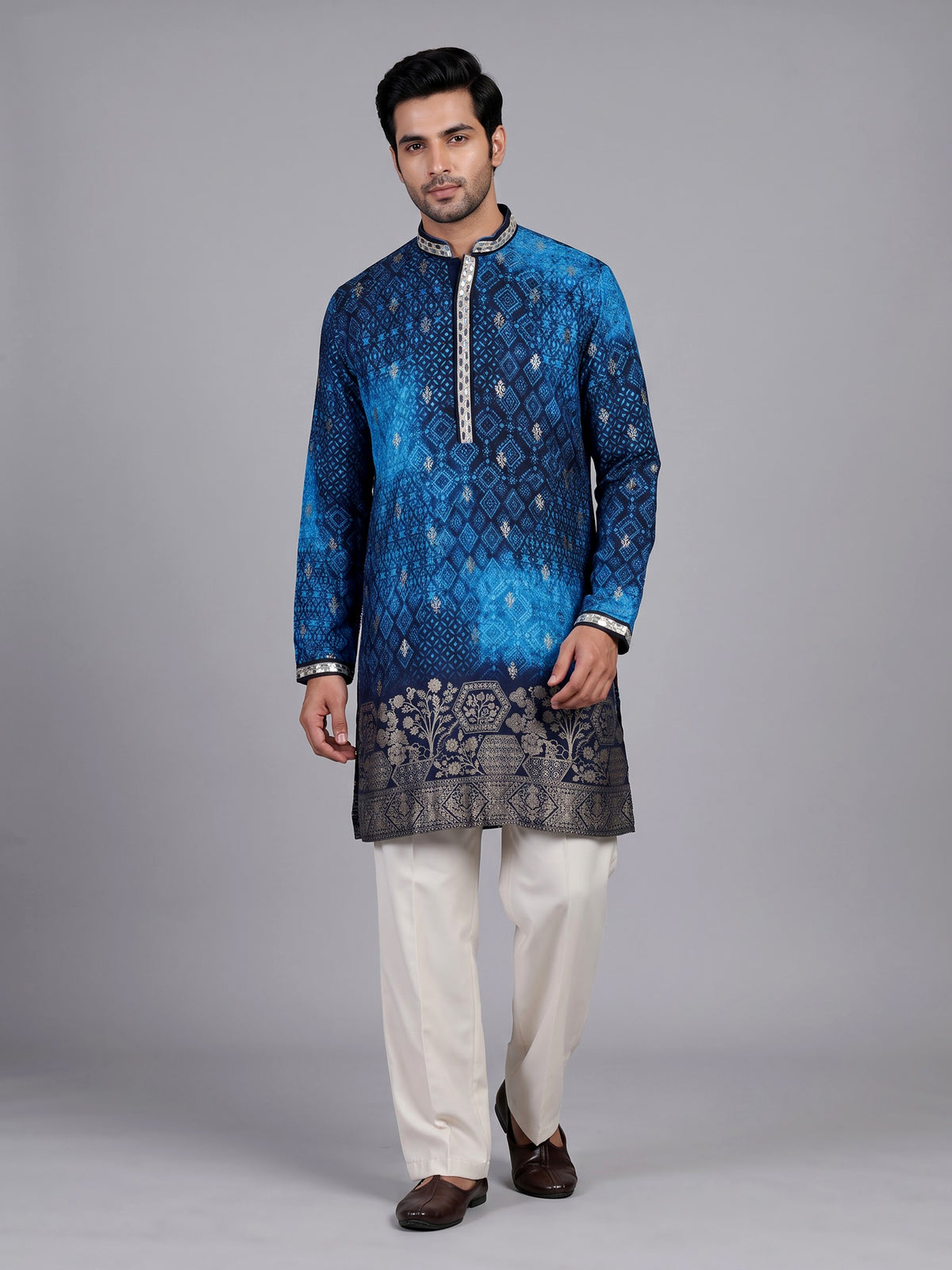 Royal blue bandhani kurta suit with zari embellished borders