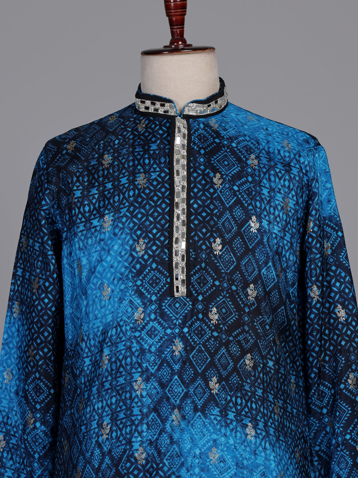 Royal blue bandhani kurta suit with zari embellished borders