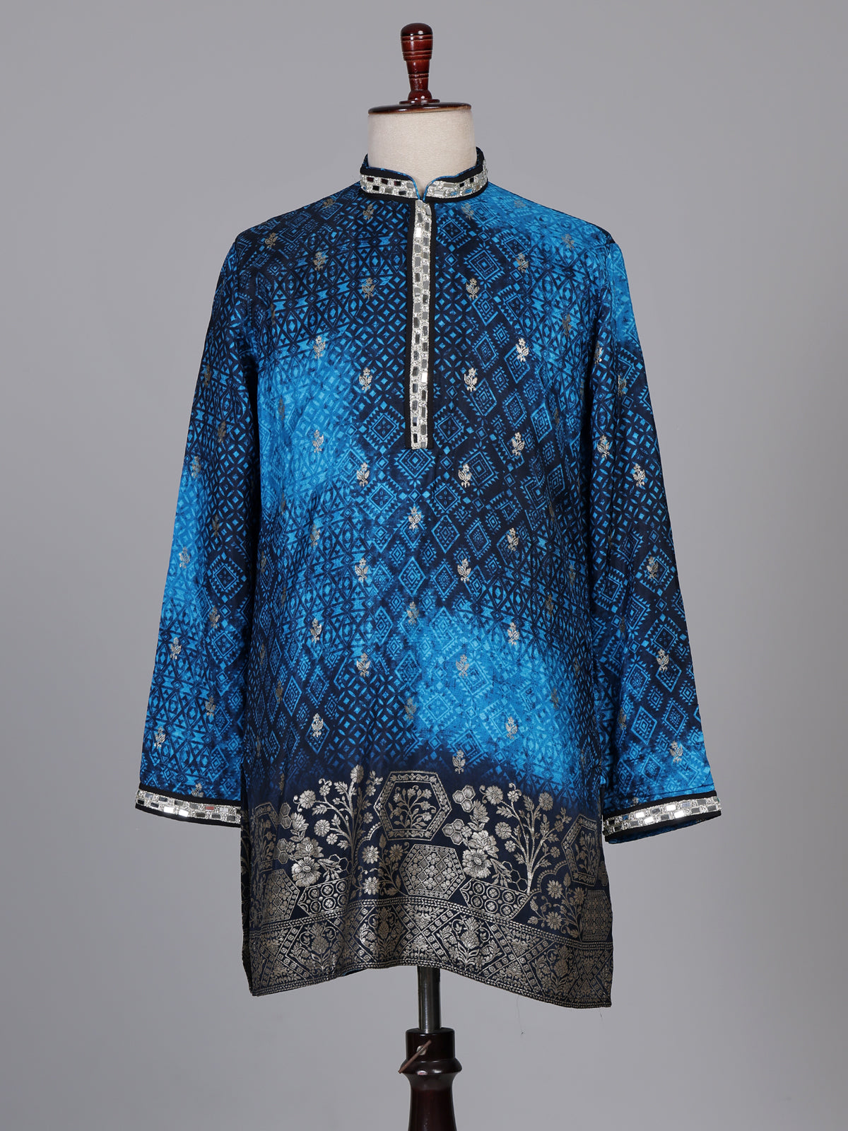Royal blue bandhani kurta suit with zari embellished borders