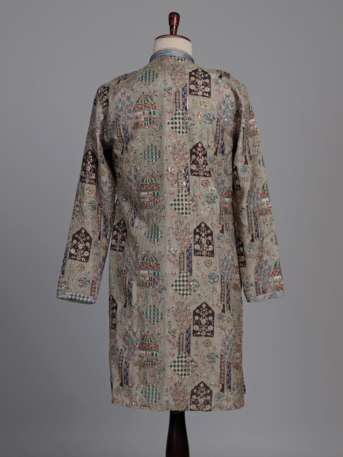 Ash grey silk kurta suit with palace inspired embroidery
