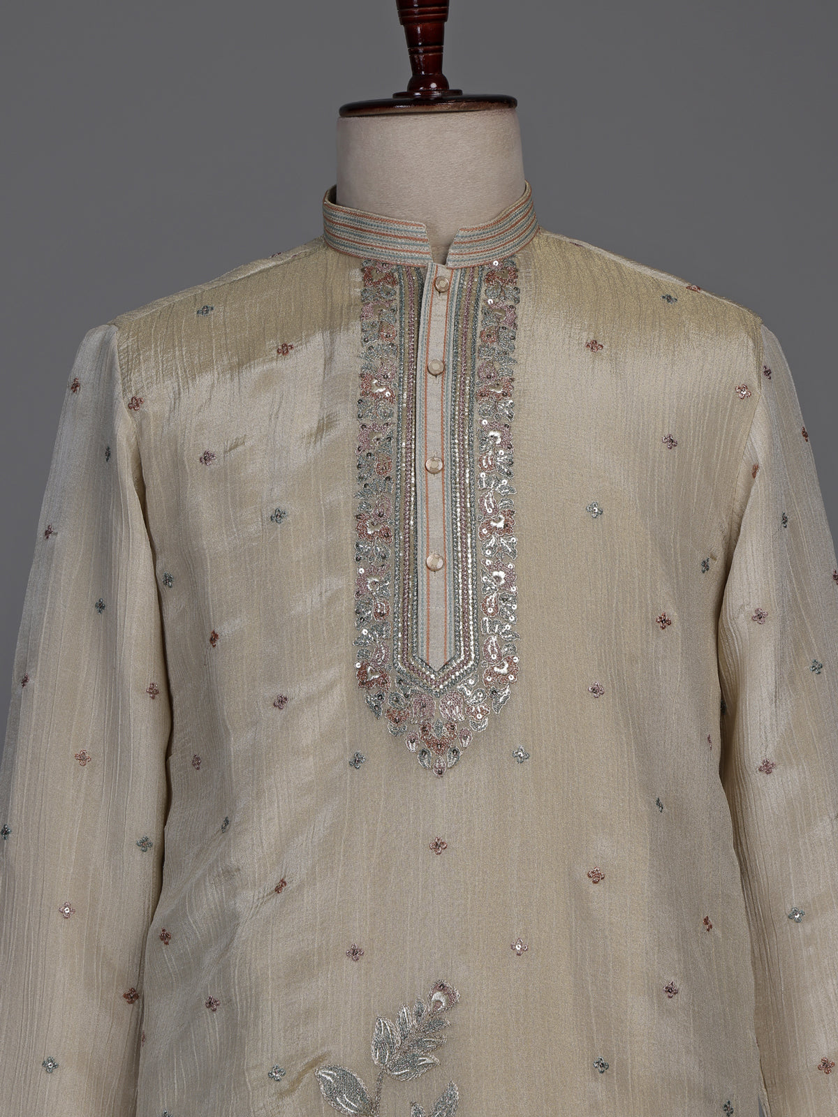 Pale cream dupion silk kurta suit with floral embroidery