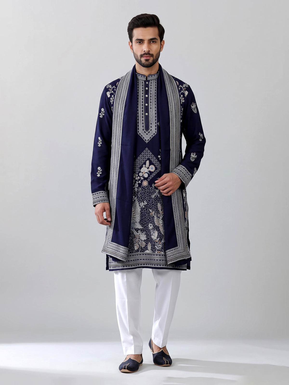 Navy georgette kurta suit with embroidered swan motifs
