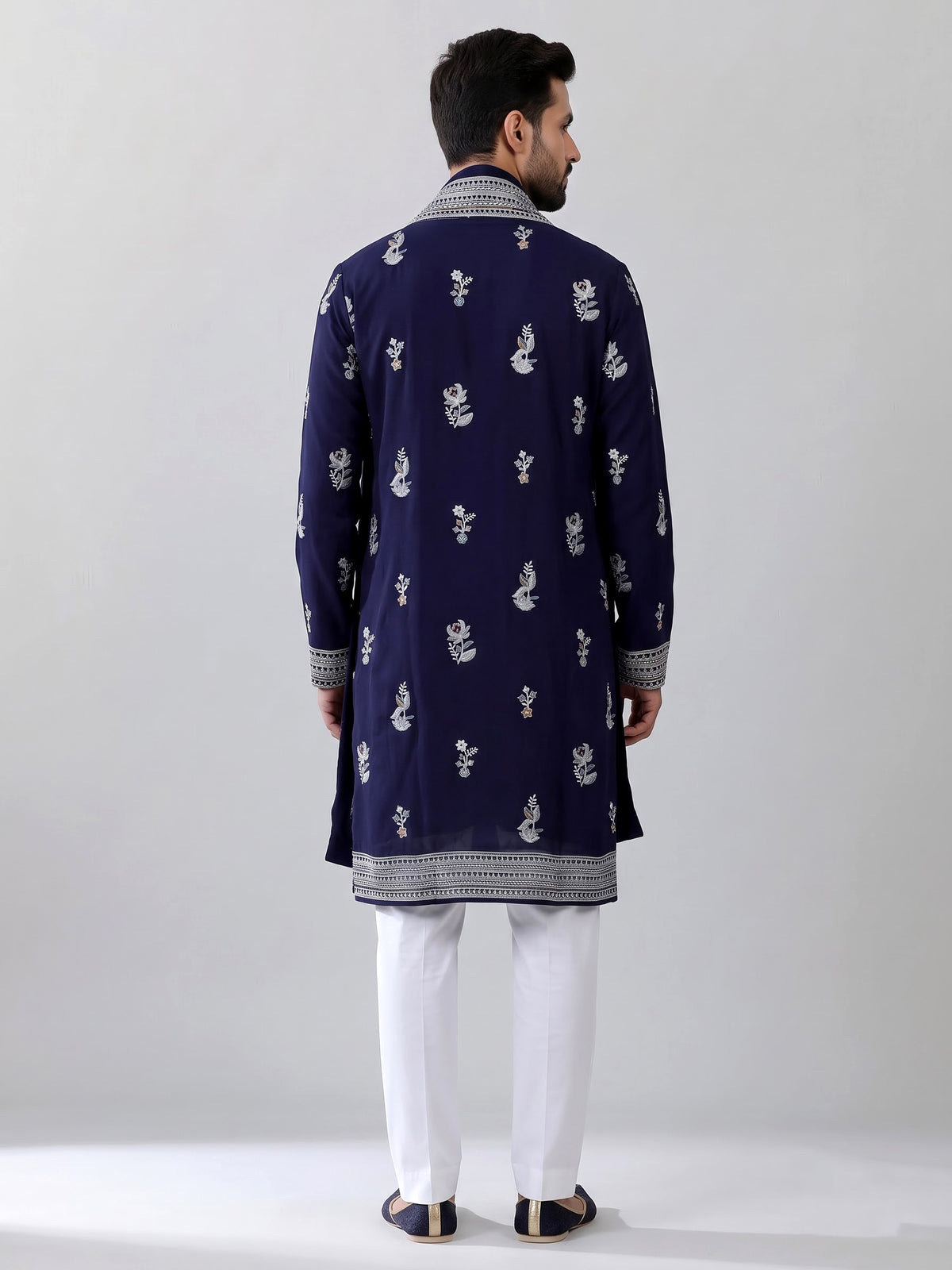 Navy georgette kurta suit with embroidered swan motifs