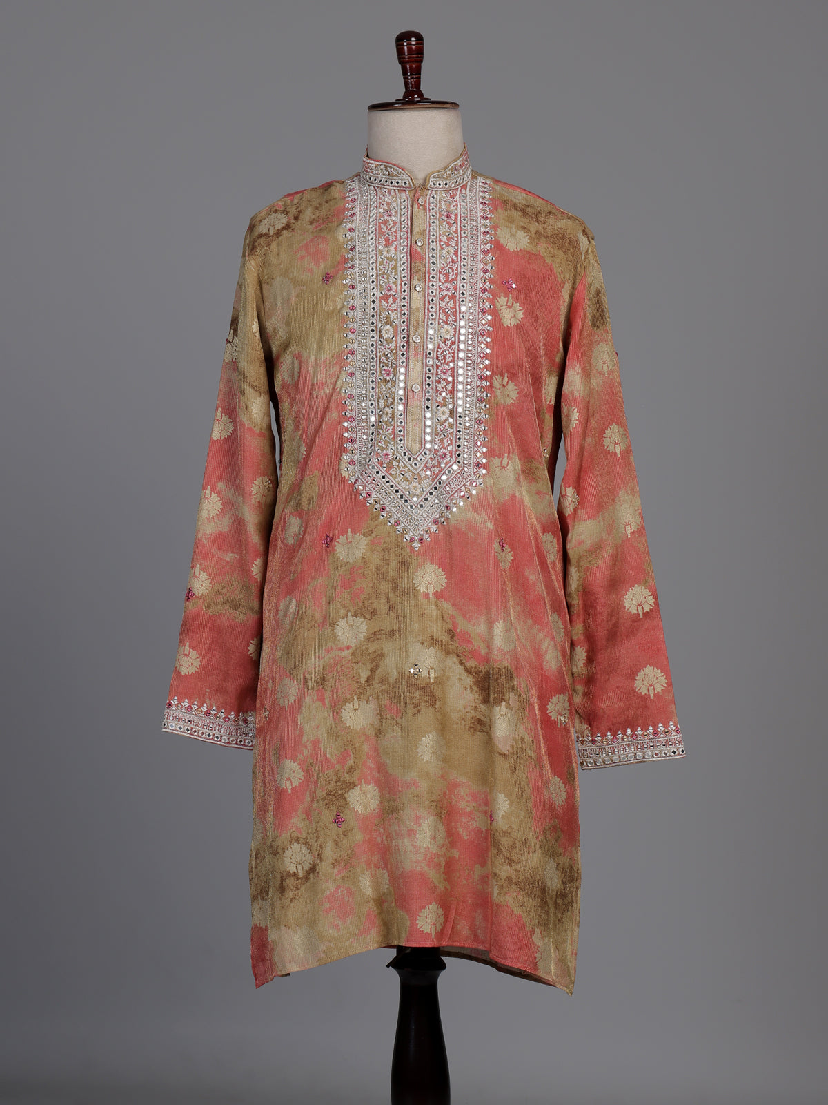 Coral peach ombre silk kurta suit with mirror detailing