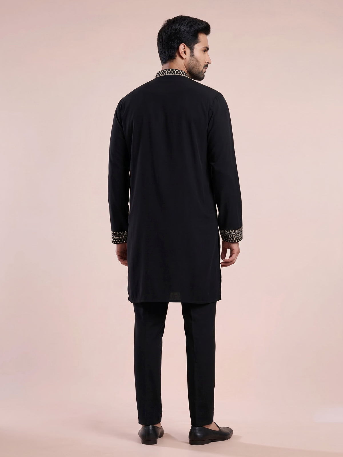 Black cotton blend kurta suit with gold mirror work