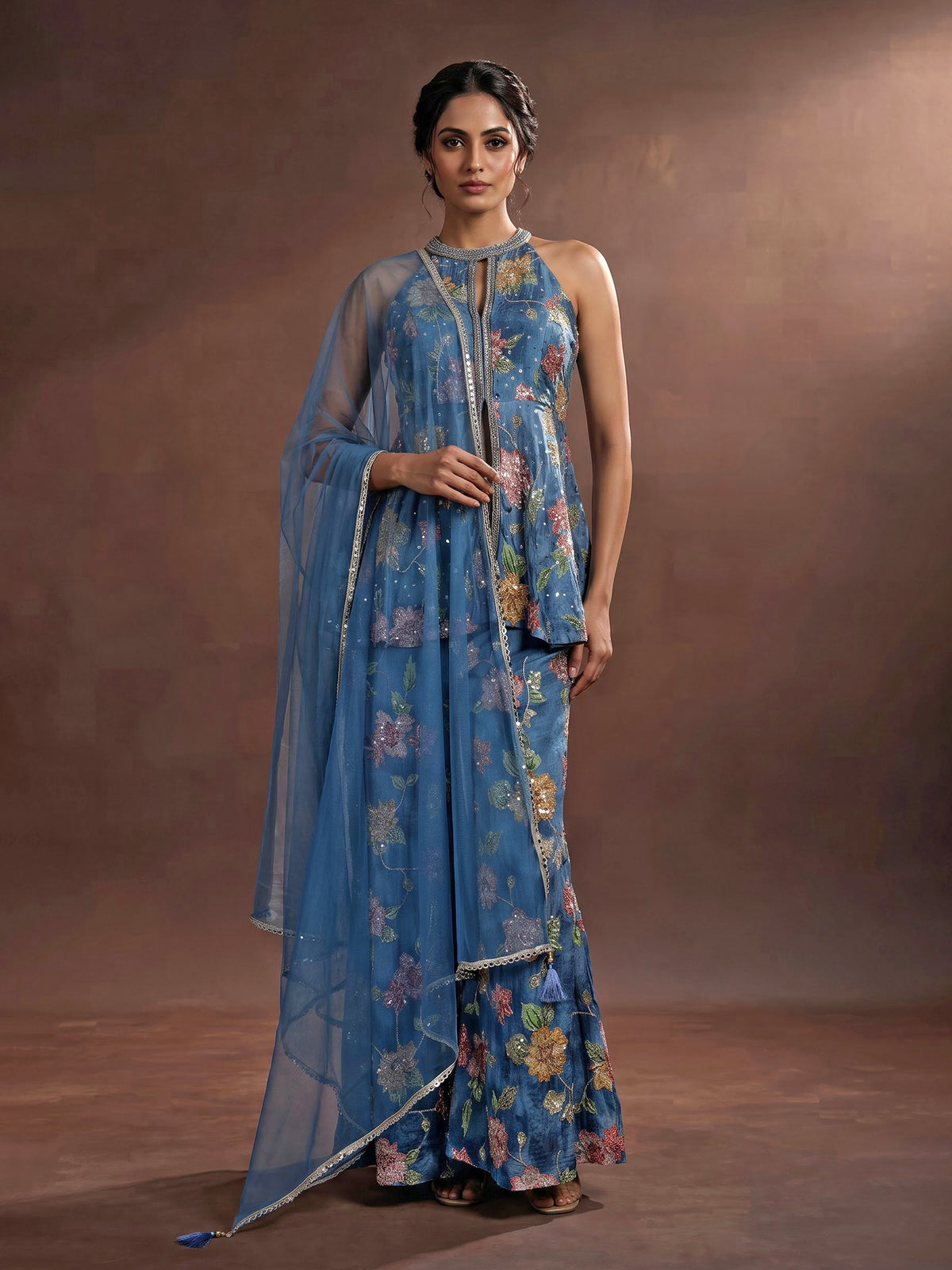 Blue organza silk floral palazzo suit with mirror embellished top