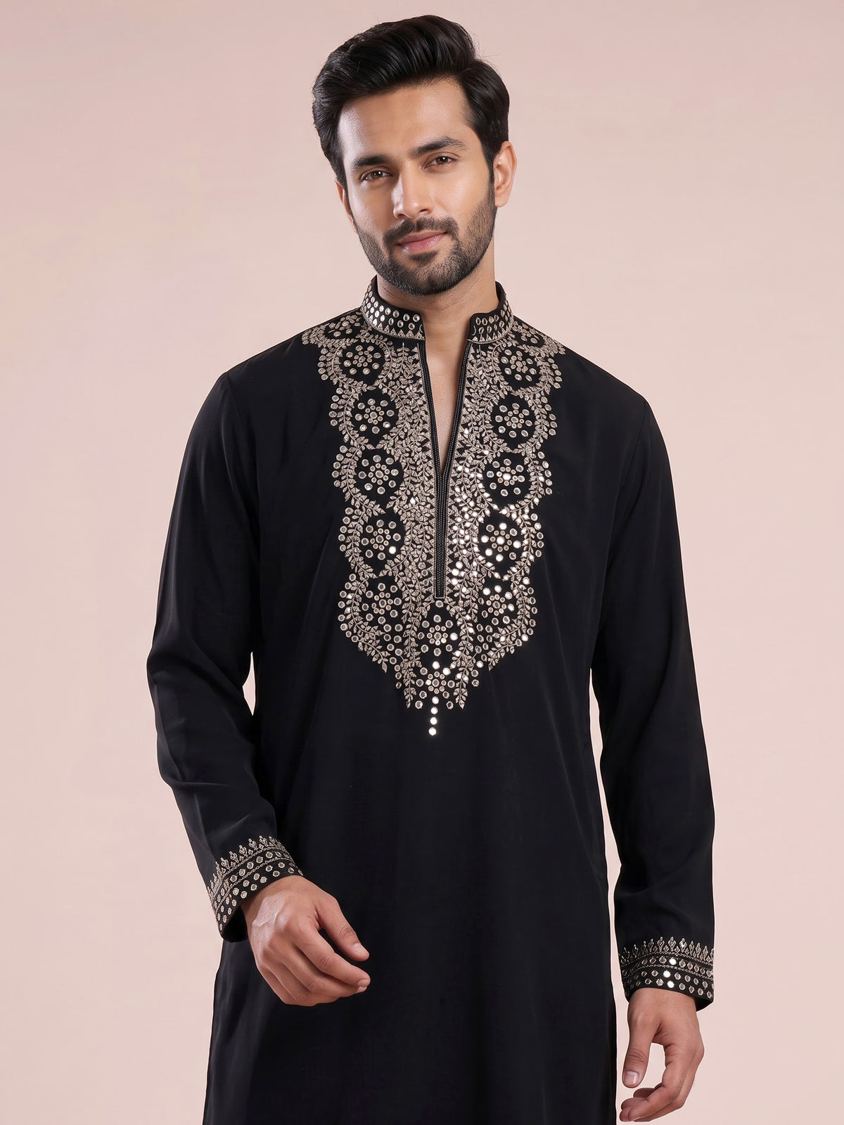 Black cotton blend kurta suit with gold mirror work