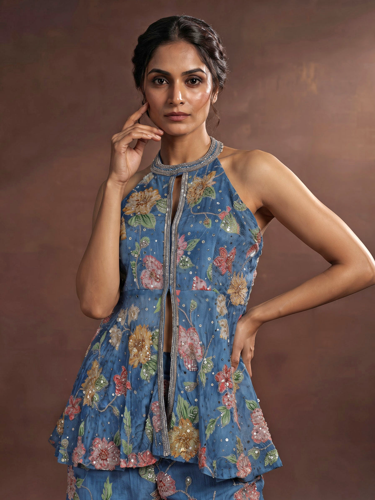 Blue organza silk floral palazzo suit with mirror embellished top