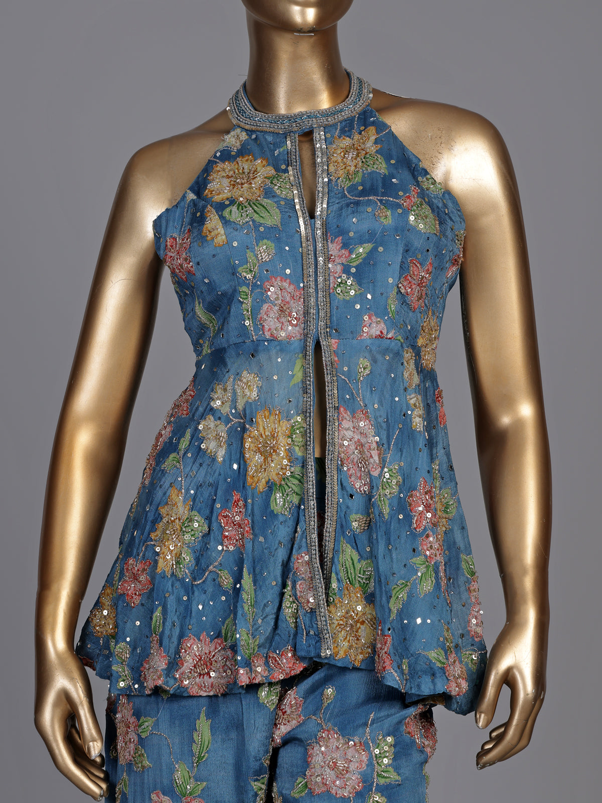 Blue organza silk floral palazzo suit with mirror embellished top