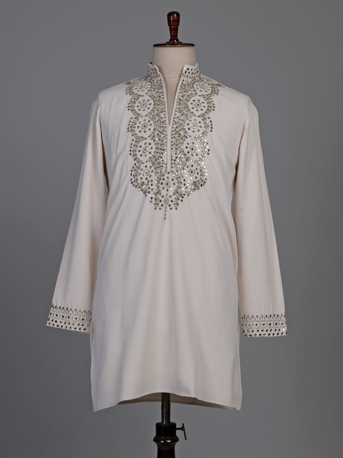 Off white short kurta suit with gold embroidered bib