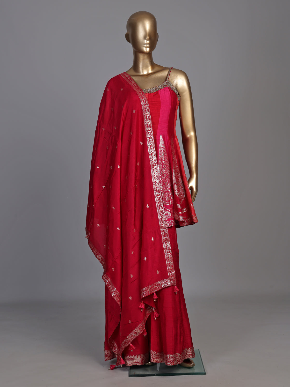 Rani pink chanderi silk anarkali suit with zardosi embellished palazzo