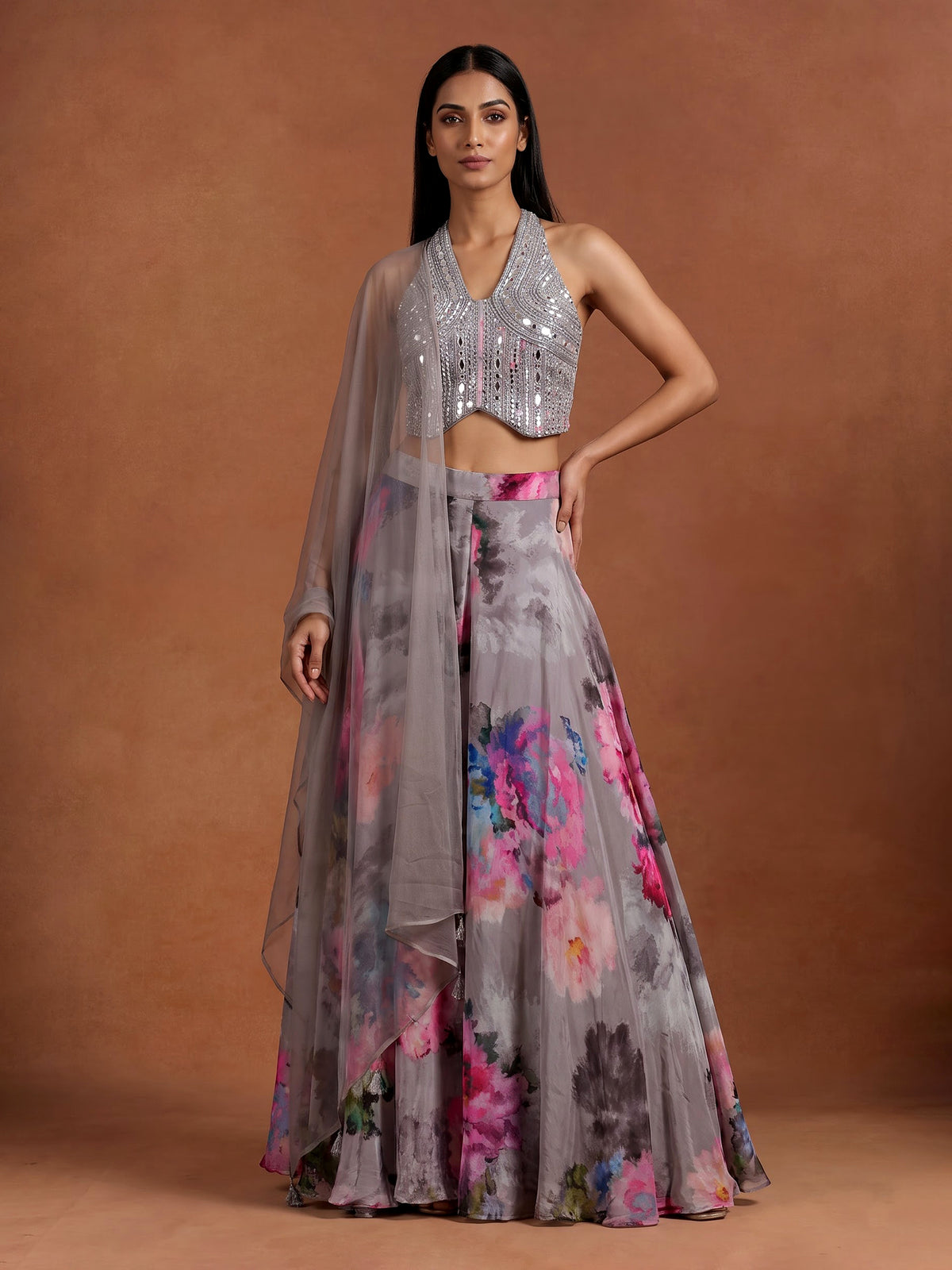 Elegant grey silk halter neck suit with floral satin palazzo