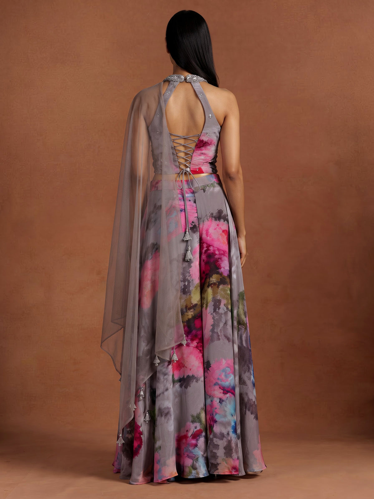 Elegant grey silk halter neck suit with floral satin palazzo