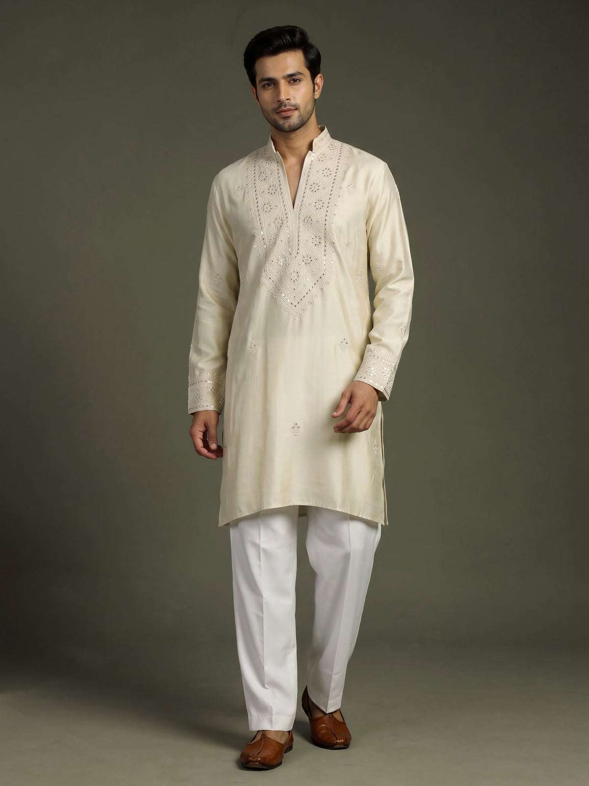 Cream cotton silk kurta suit with thread embellishments