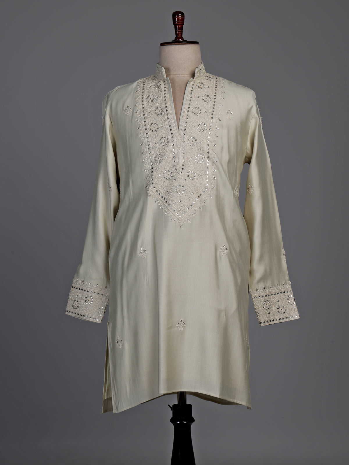 Cream cotton silk kurta suit with thread embellishments