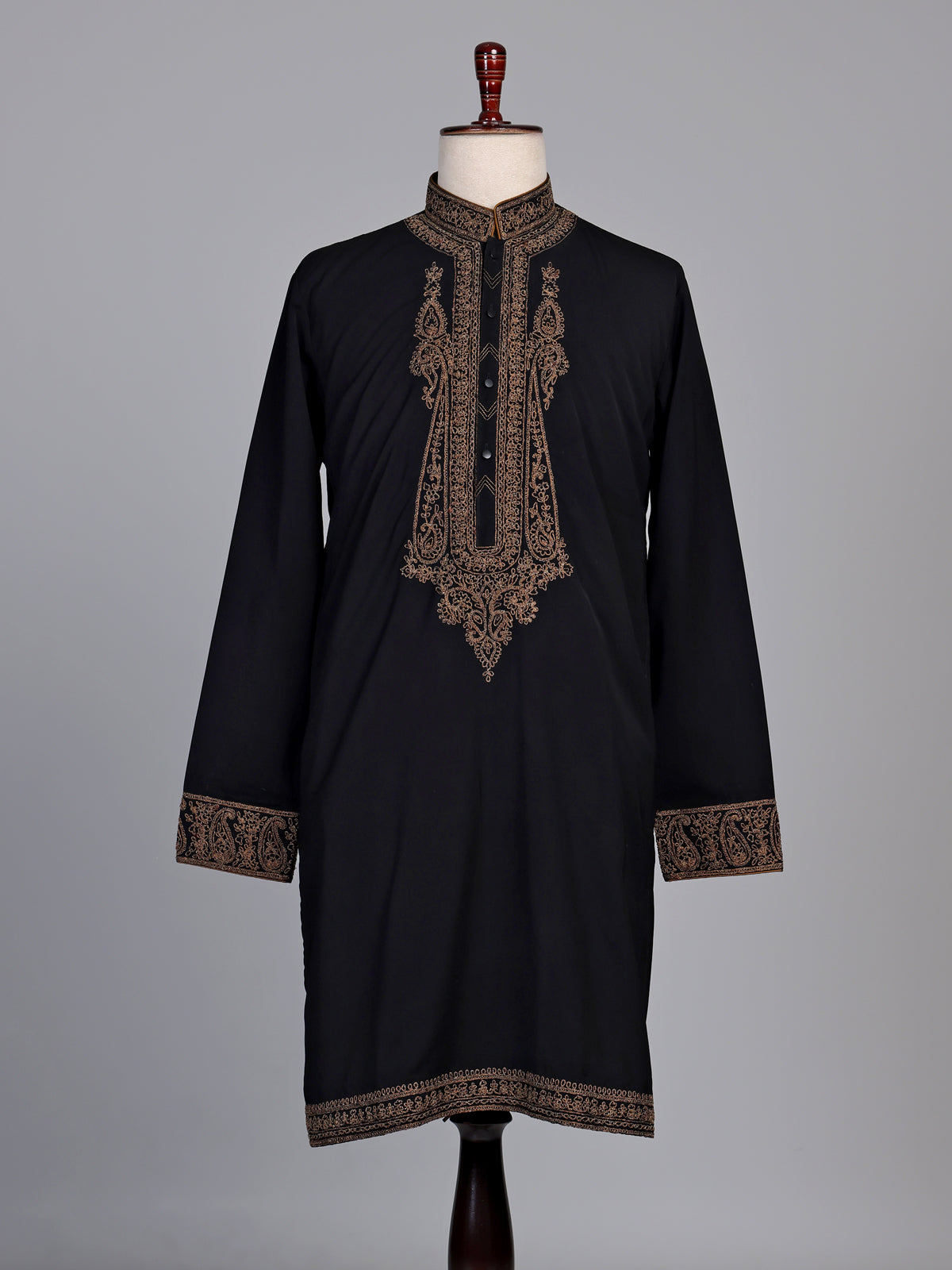 Black cotton kurta suit with antique bronze tilla embroidery