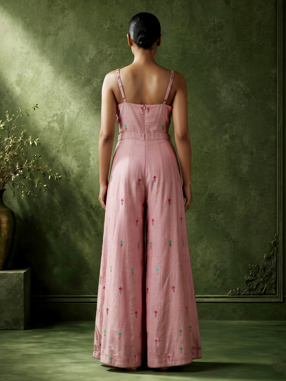 Pink raw silk designer jumpsuit with embellishments