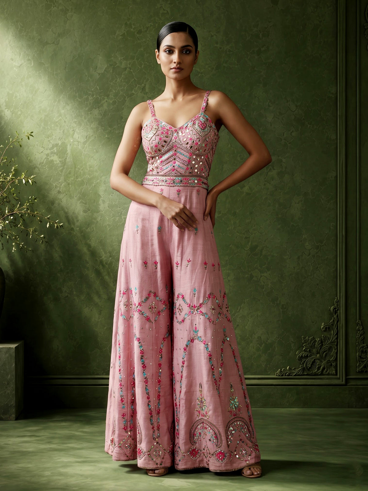 Pink raw silk designer jumpsuit with embellishments