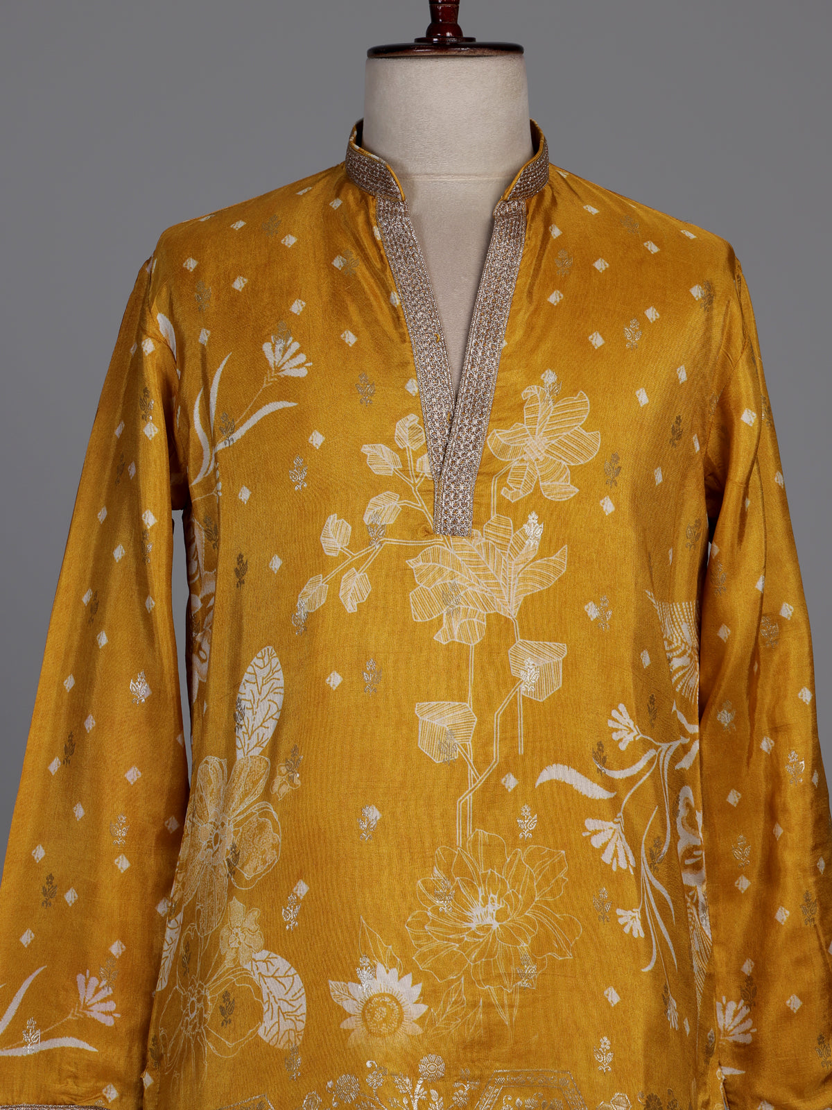 Mustard yellow silk kurta suit with white botanical motifs print