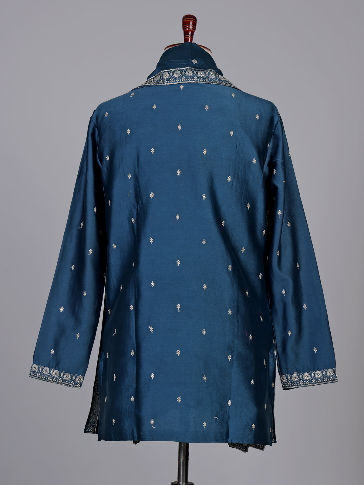 Deep teal silk kurta suit with golden embroidered neckline