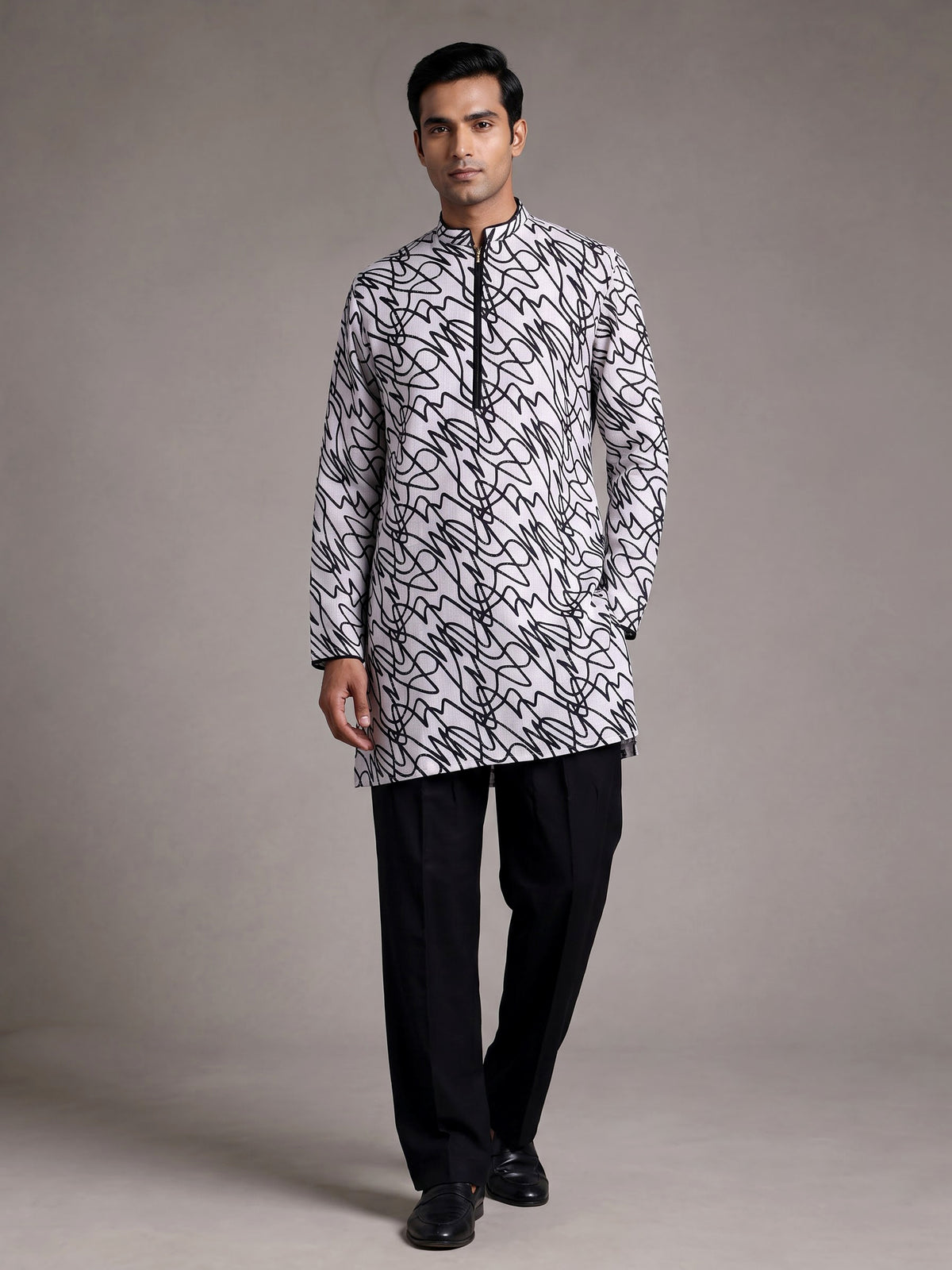 White linen kurta suit with black abstract doodle print