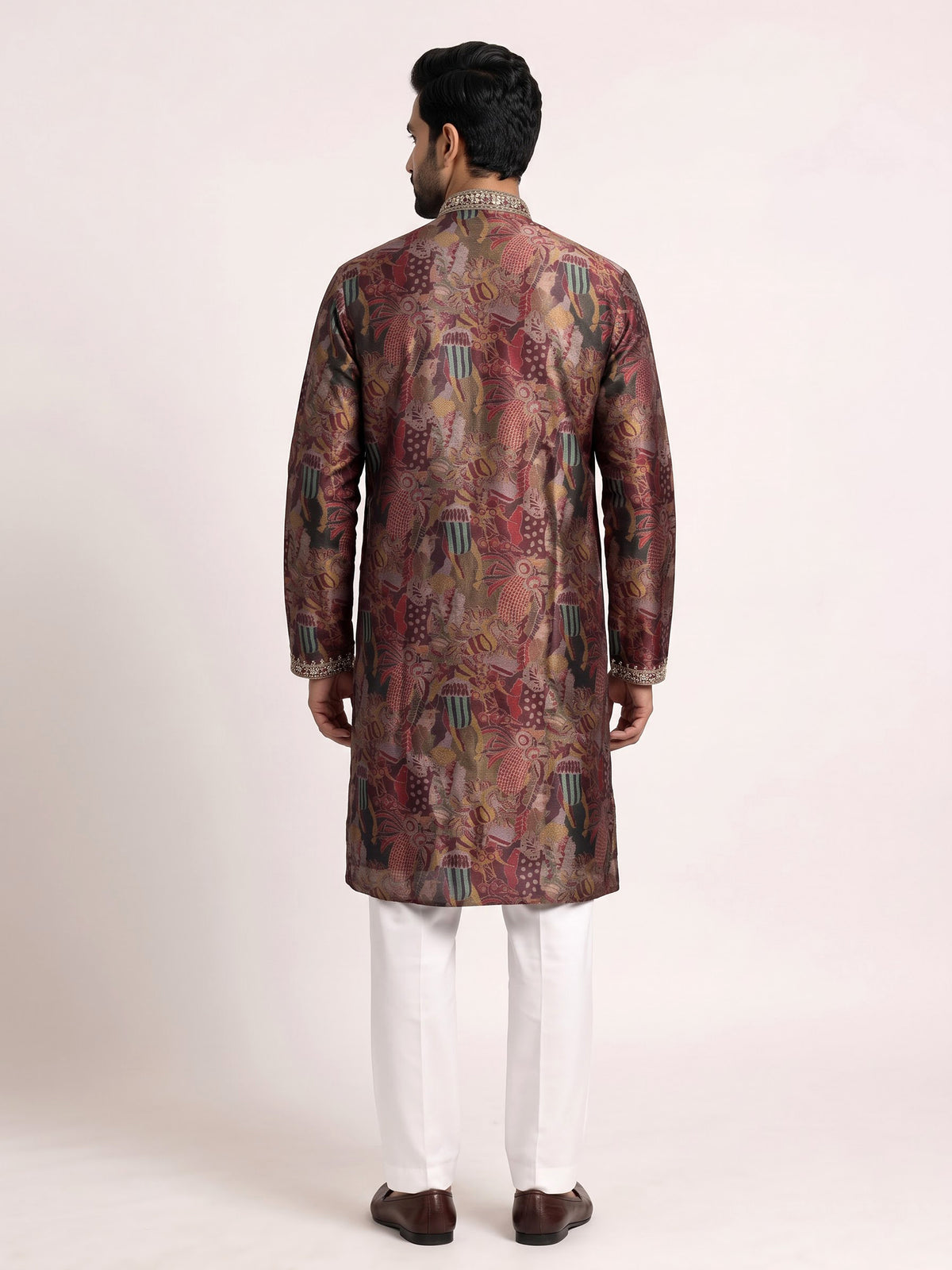 Multicolour tapestry print kurta suit with antique metallic embroidery
