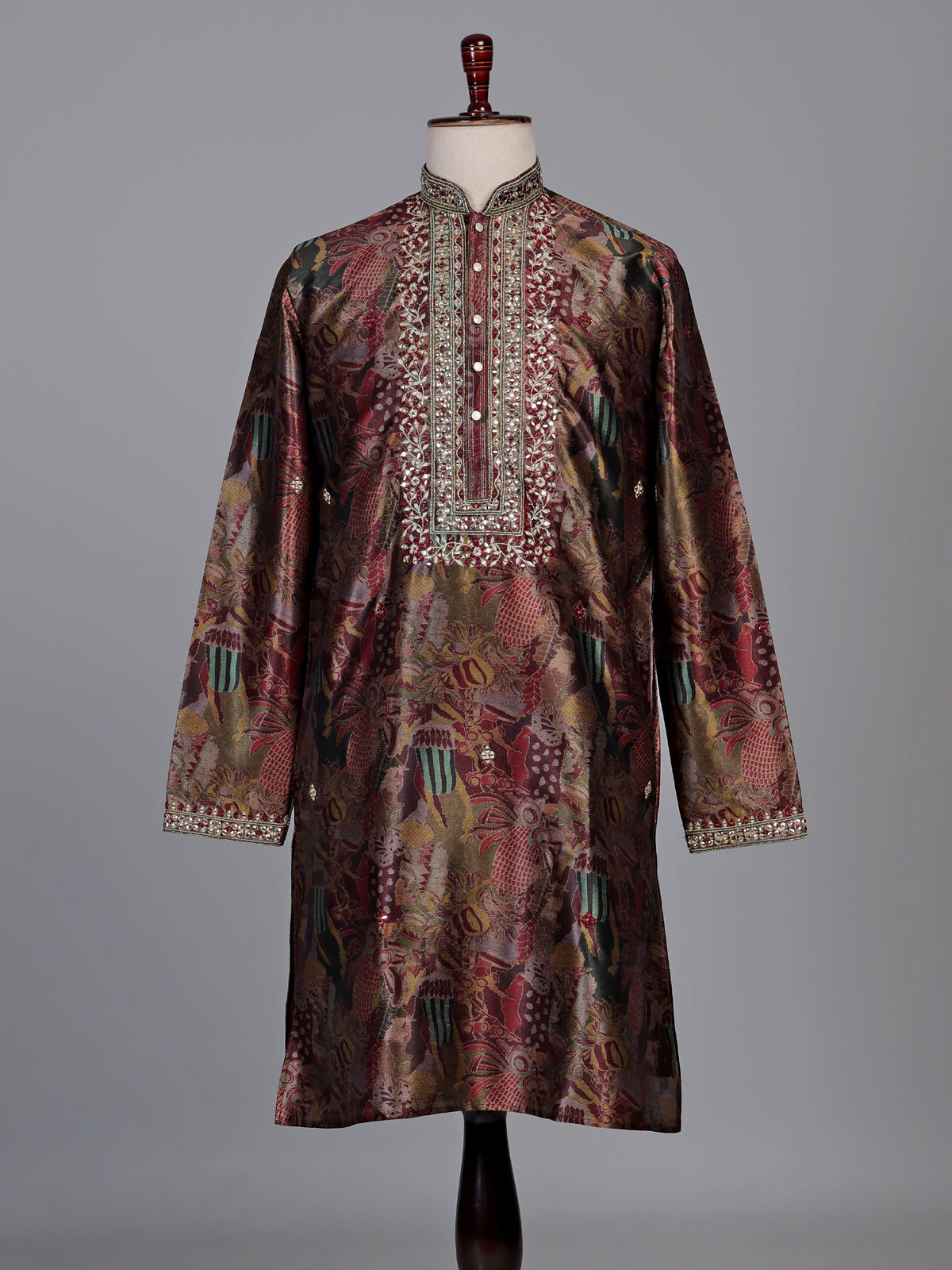 Multicolour tapestry print kurta suit with antique metallic embroidery