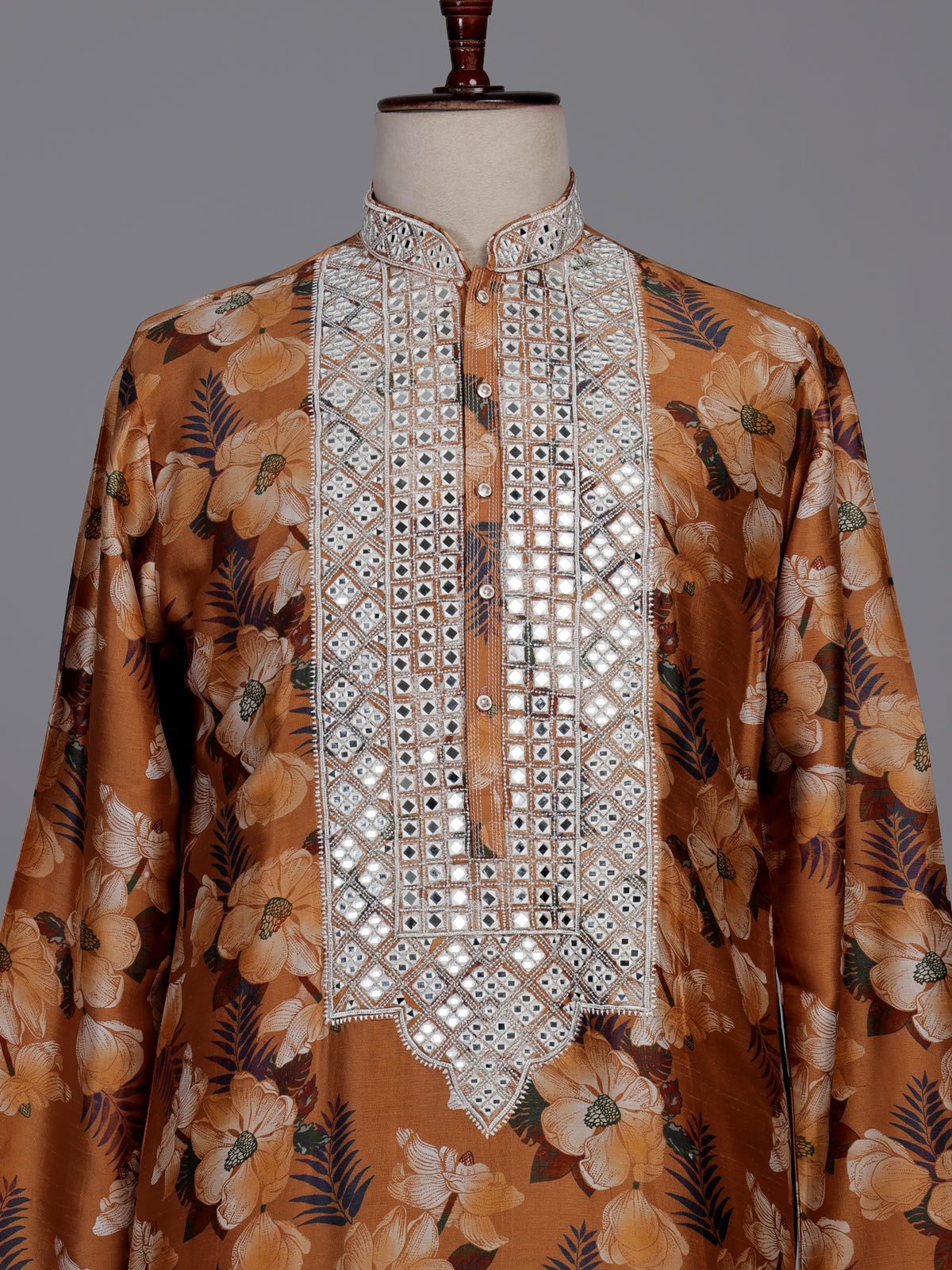 Mustard yellow silk kurta suit with floral print and mirror work