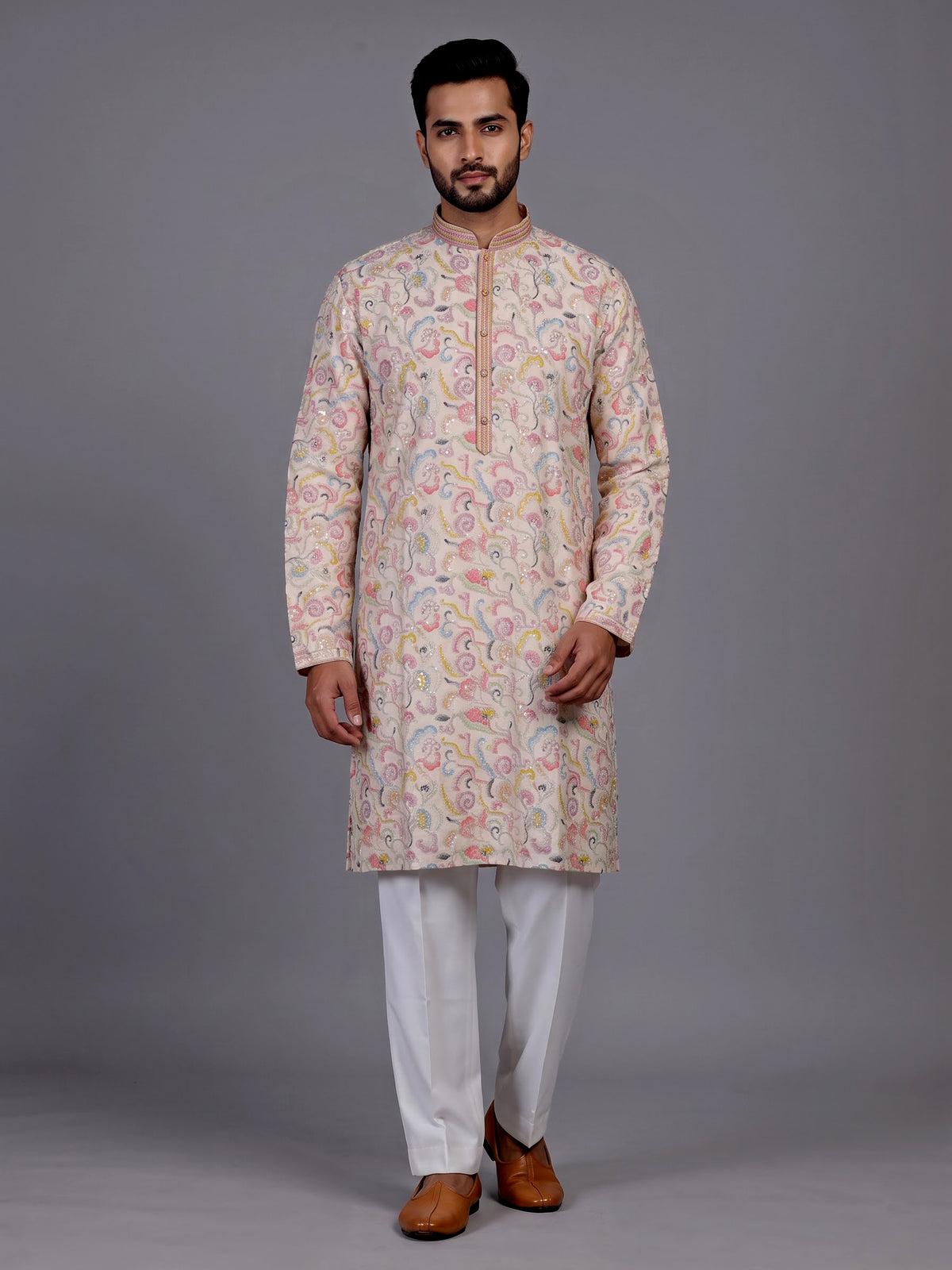 Off white embroidered kurta suit with pastel floral print
