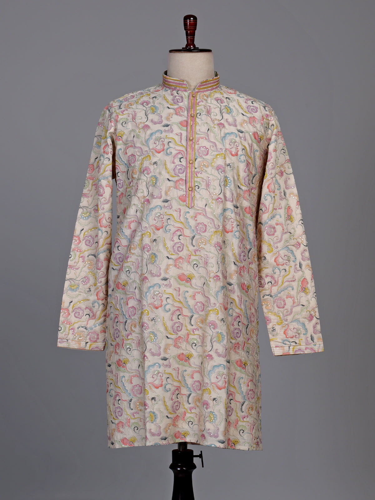 Off white embroidered kurta suit with pastel floral print