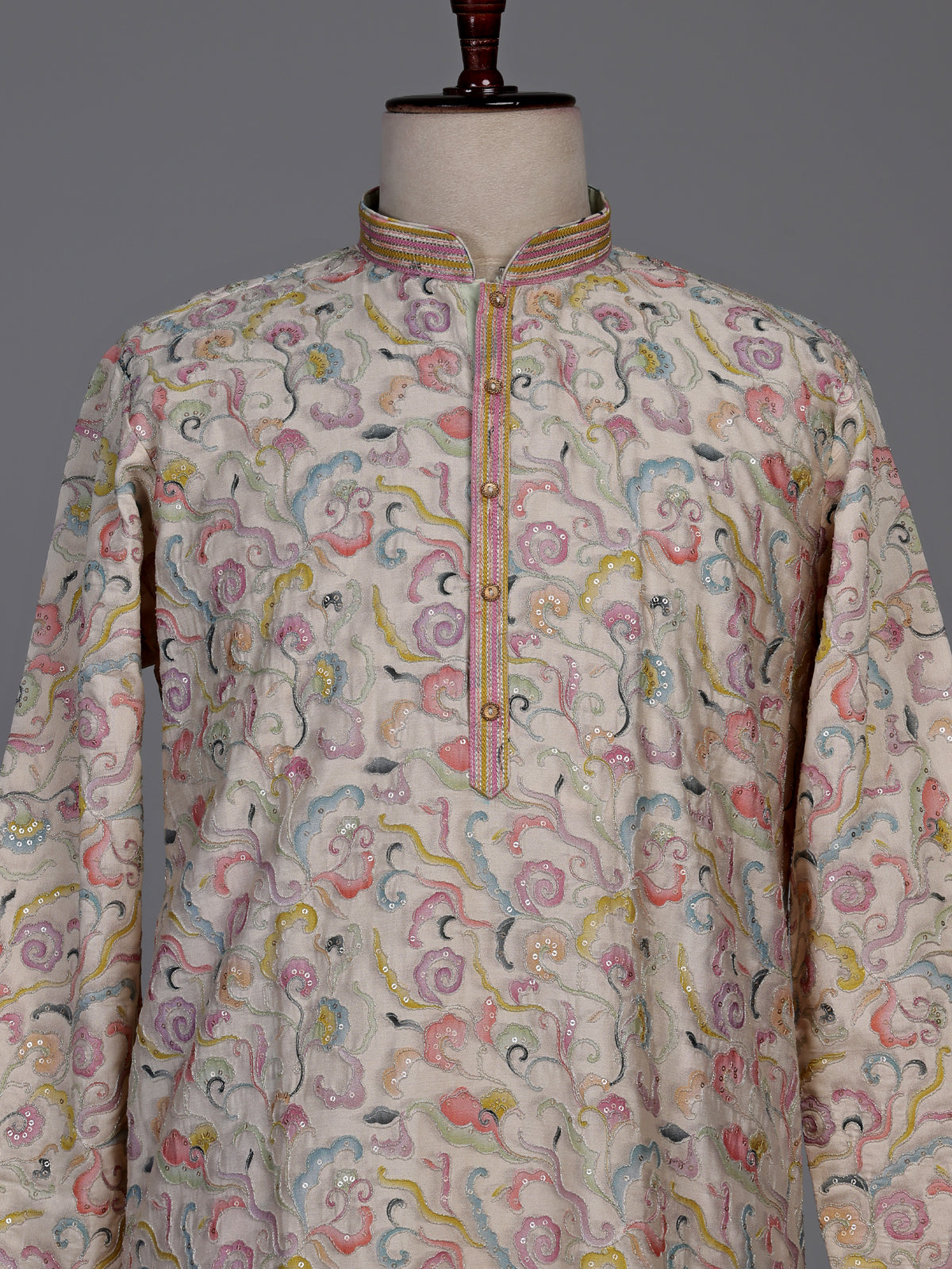 Off white embroidered kurta suit with pastel floral print