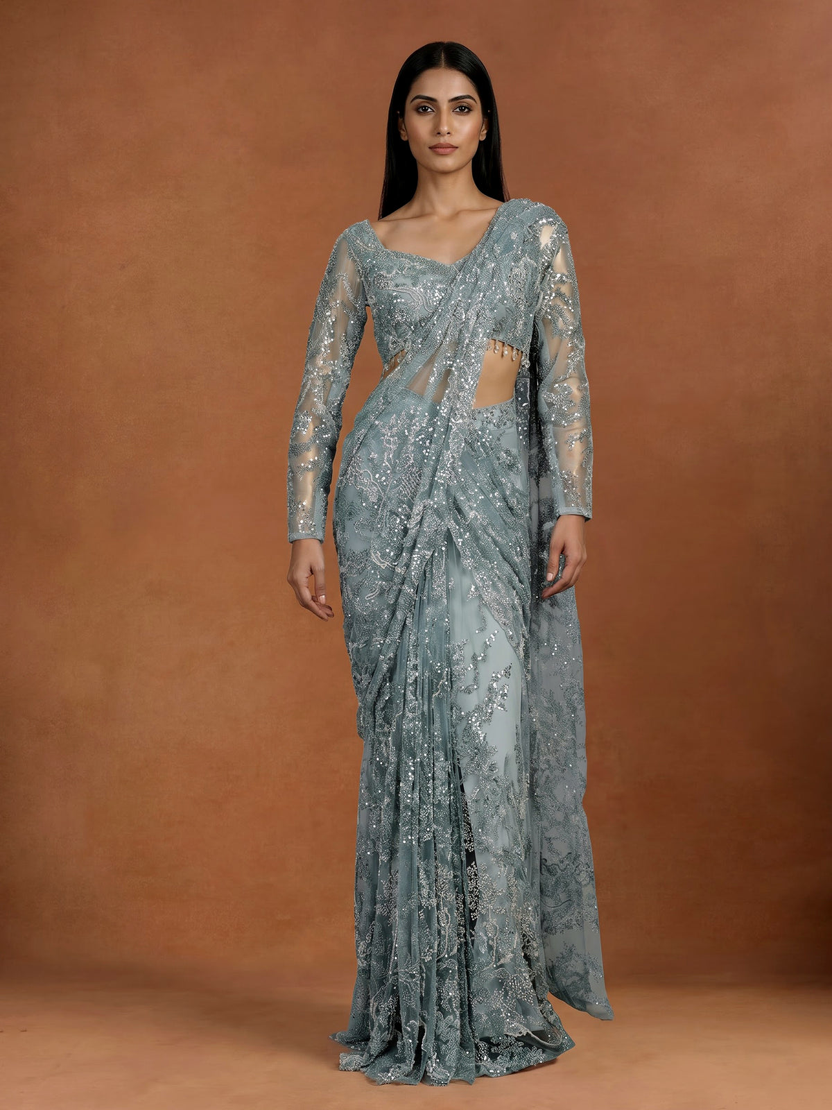 Elegant mint blue ready-to-wear saree with sequinned detailing