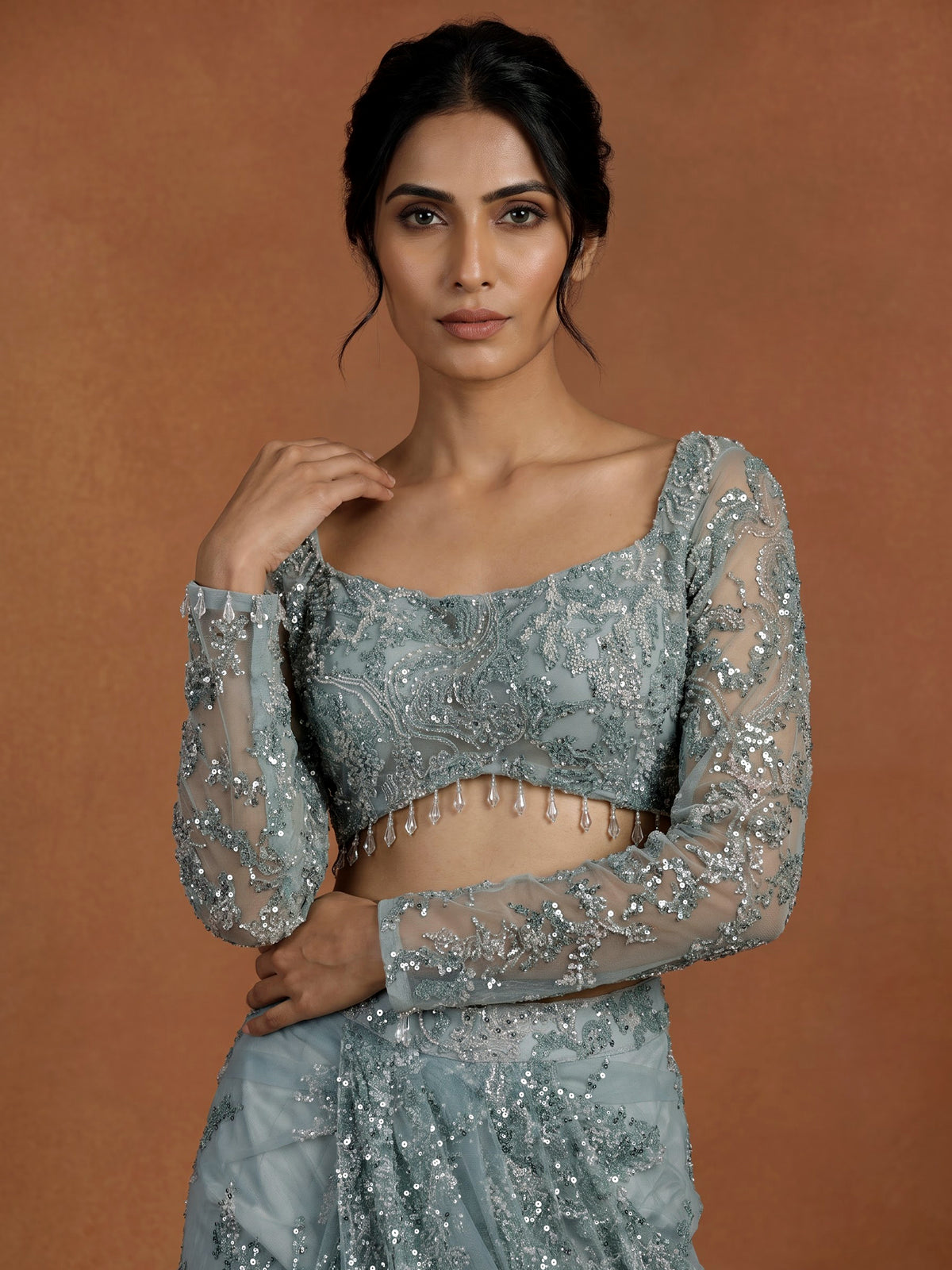 Elegant mint blue ready-to-wear saree with sequinned detailing