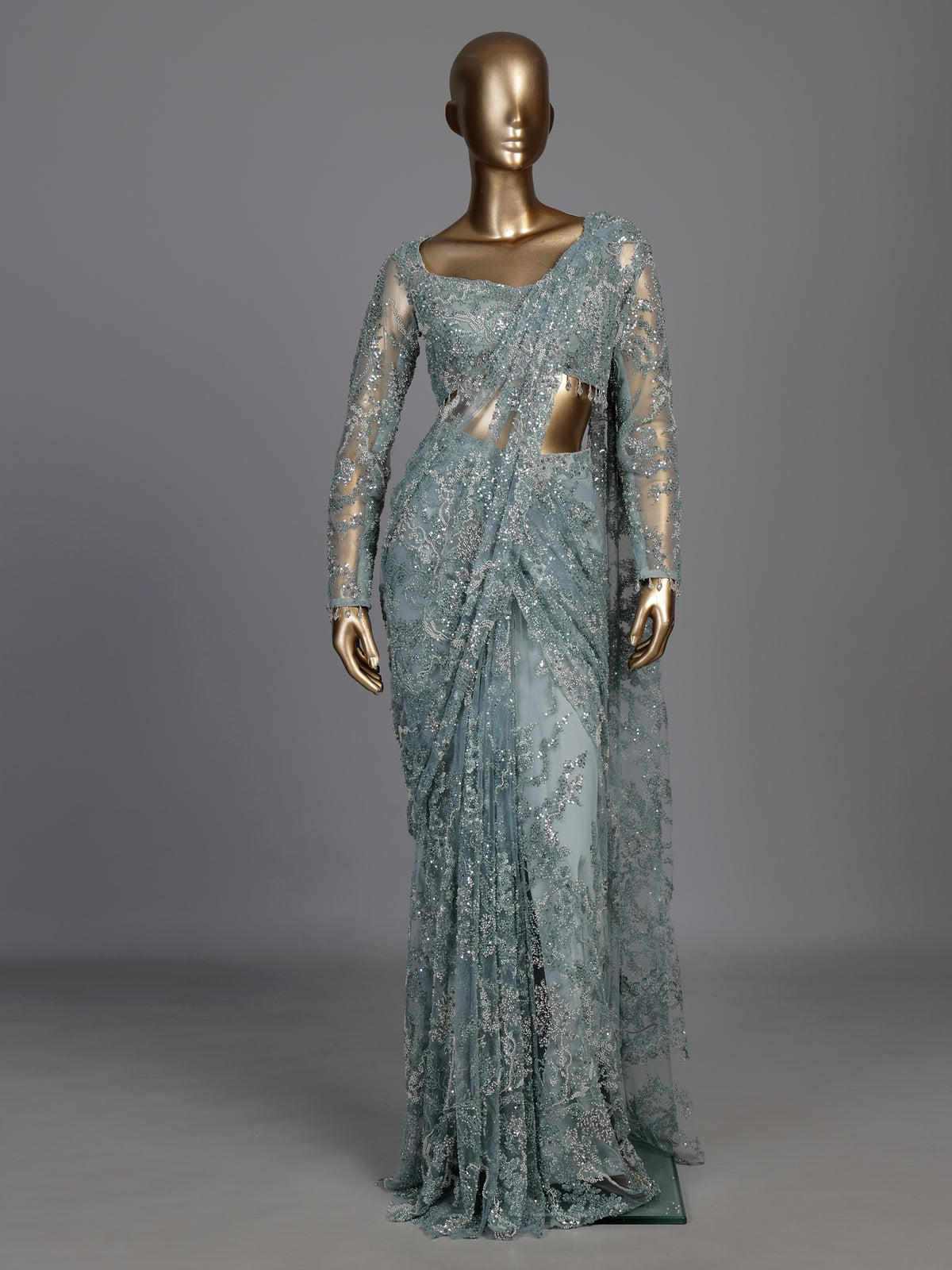 Elegant mint blue ready-to-wear saree with sequinned detailing
