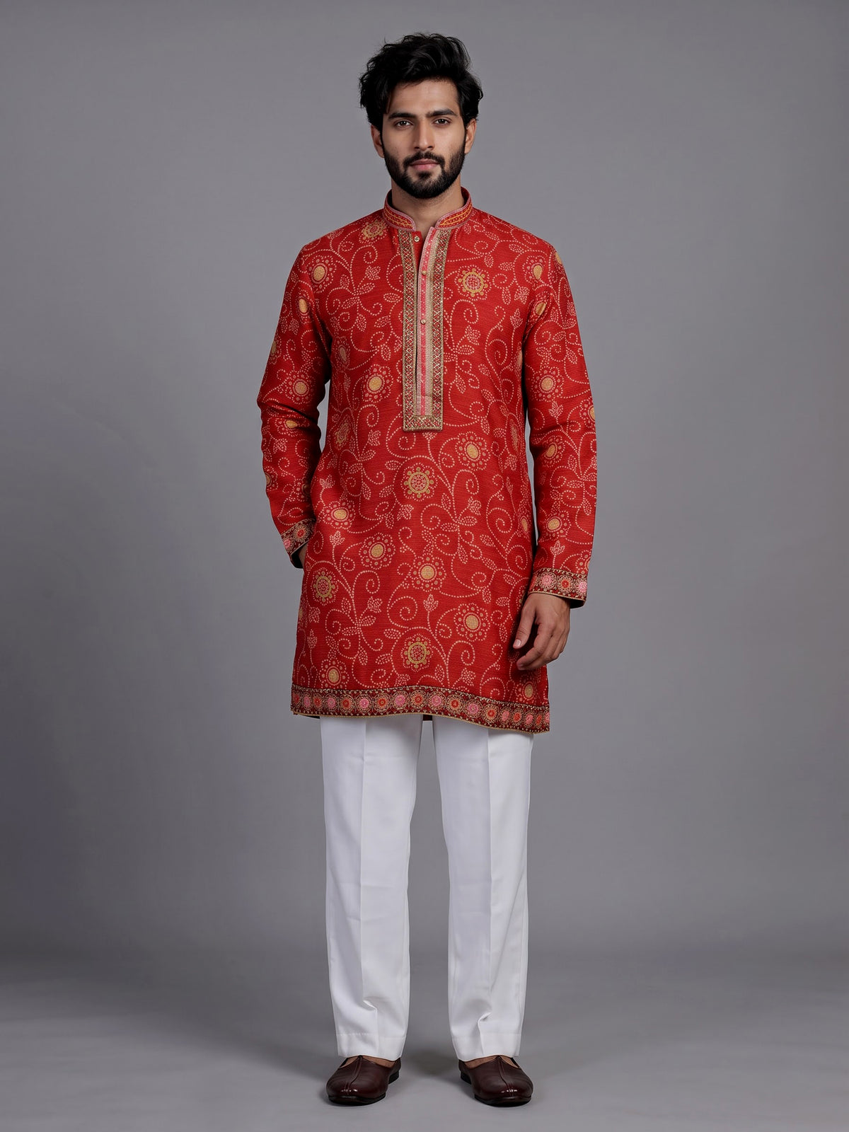 Crimson red bandhani silk kurta suit with gold pitta work