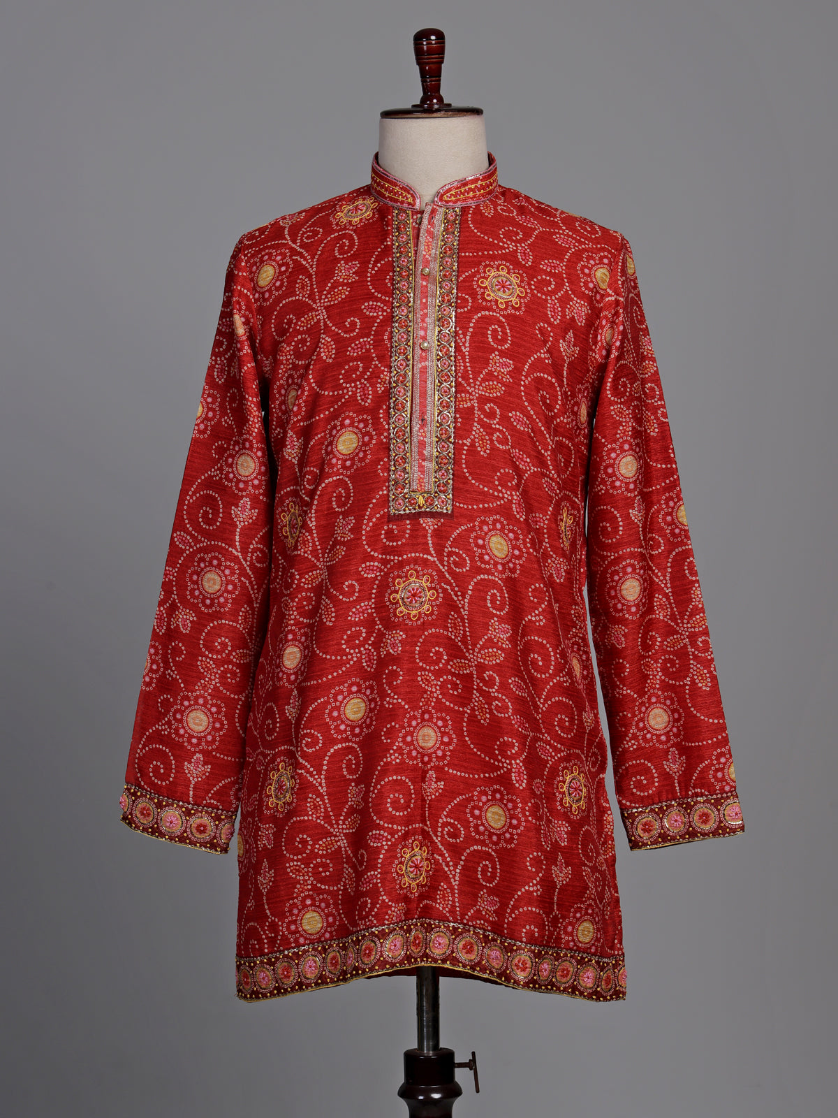 Crimson red bandhani silk kurta suit with gold pitta work