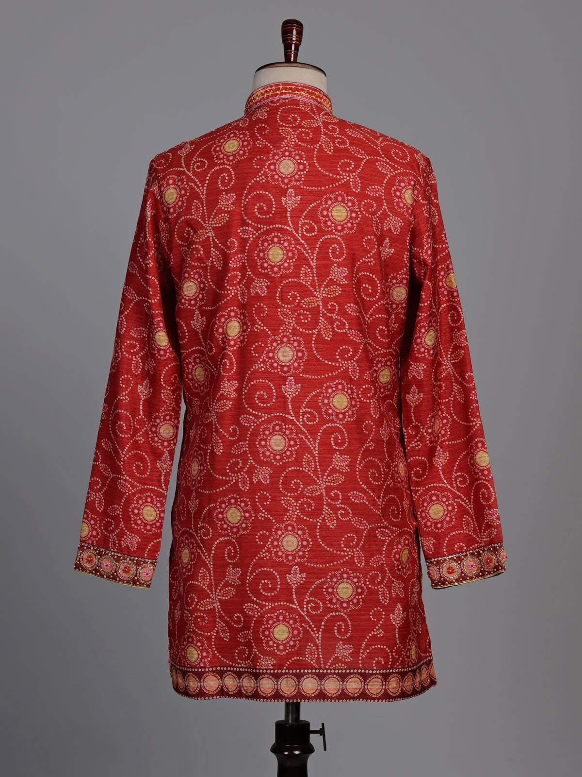 Crimson red bandhani silk kurta suit with gold pitta work