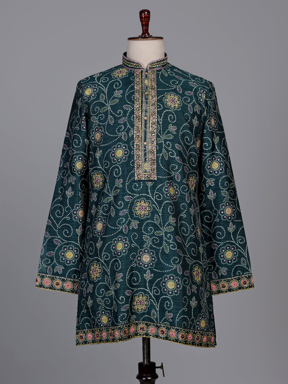 Bottle green bandhani silk kurta suit with multicolour thread work