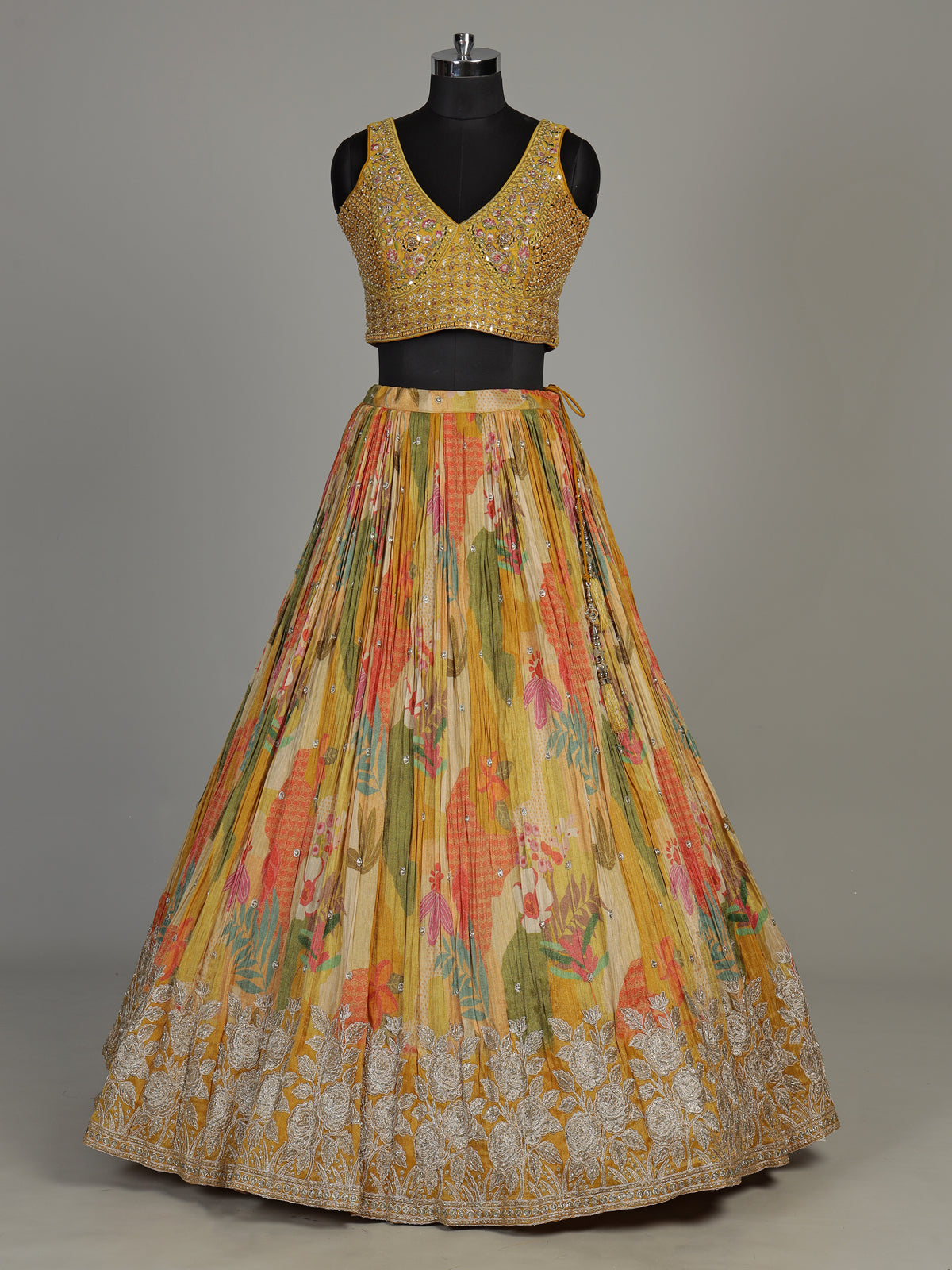 Mustard yellow floral silk lehenga choli with designer embellishments