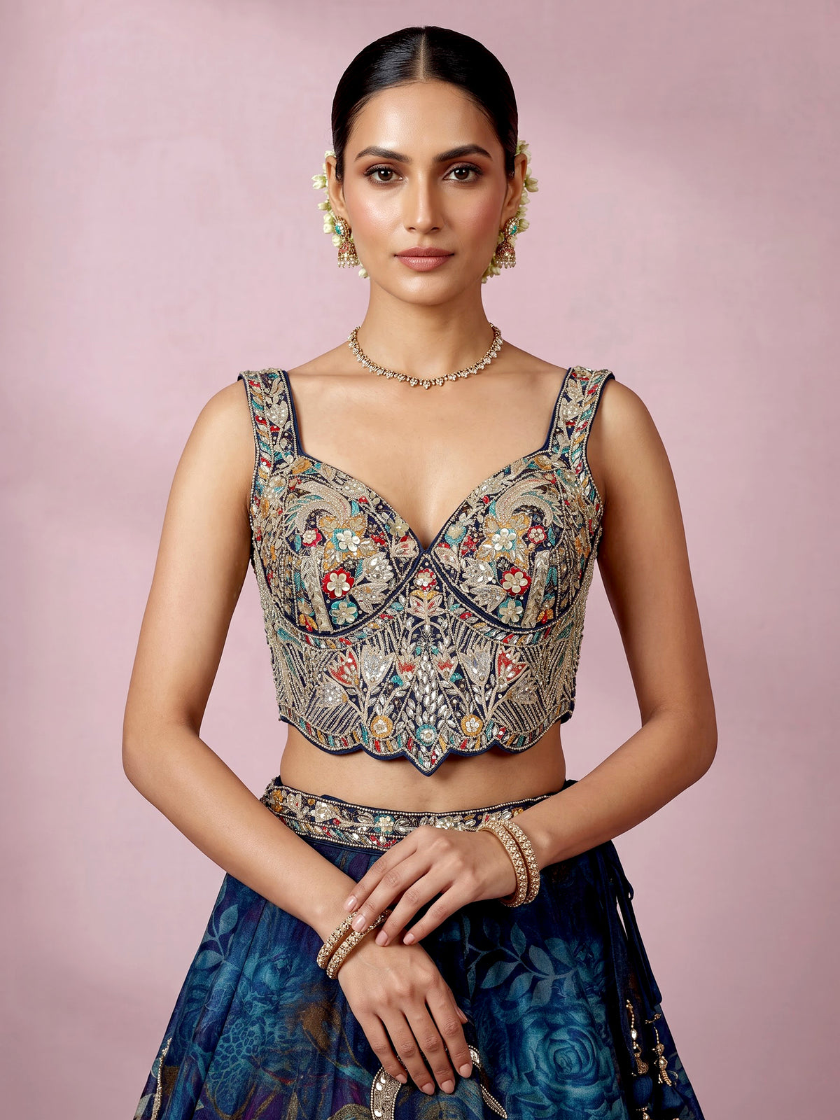 Blue silk floral lehenga choli with gota resham embellishments