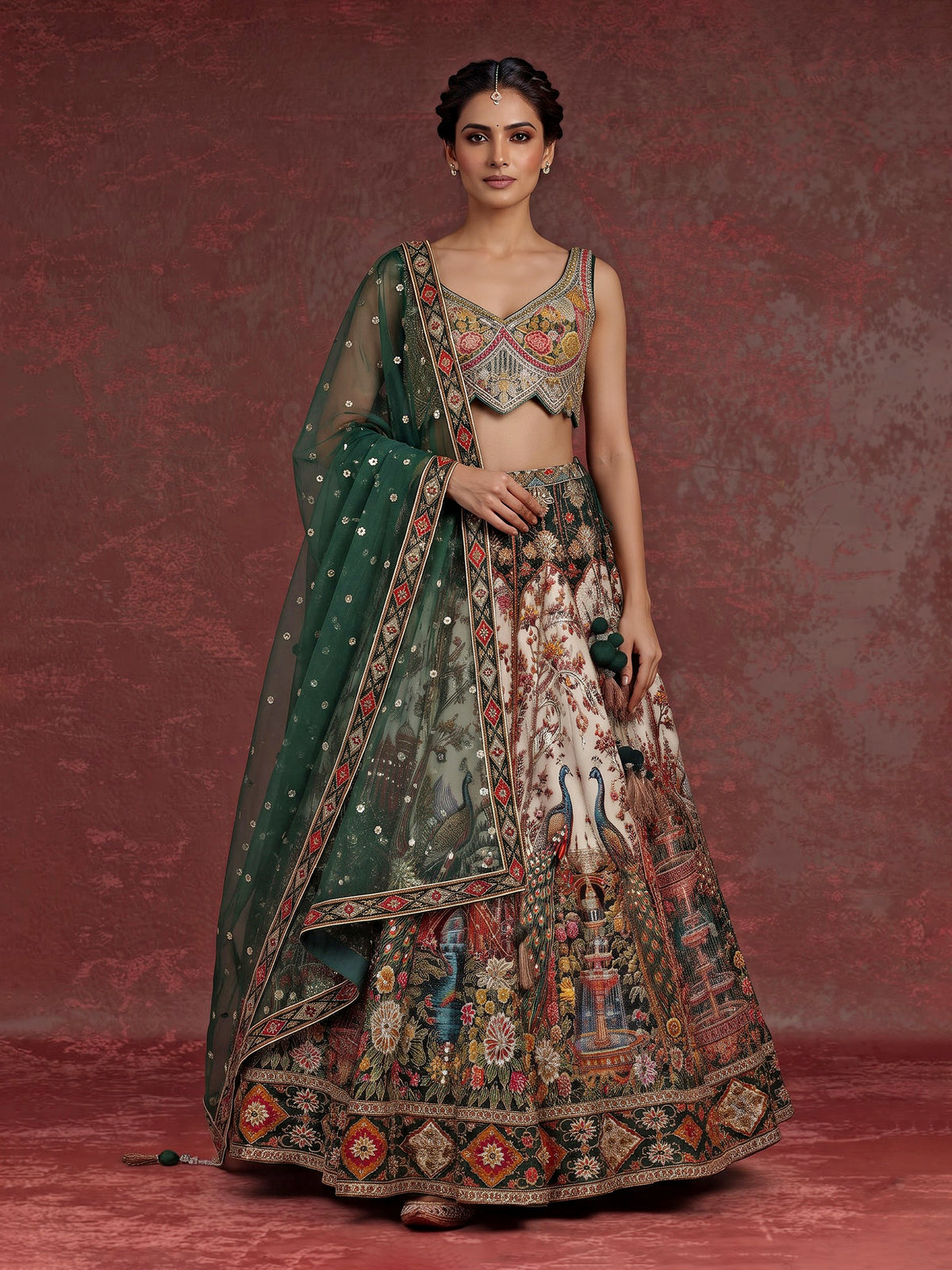 Green silk peacock motif lehenga choli with zardosi detailing