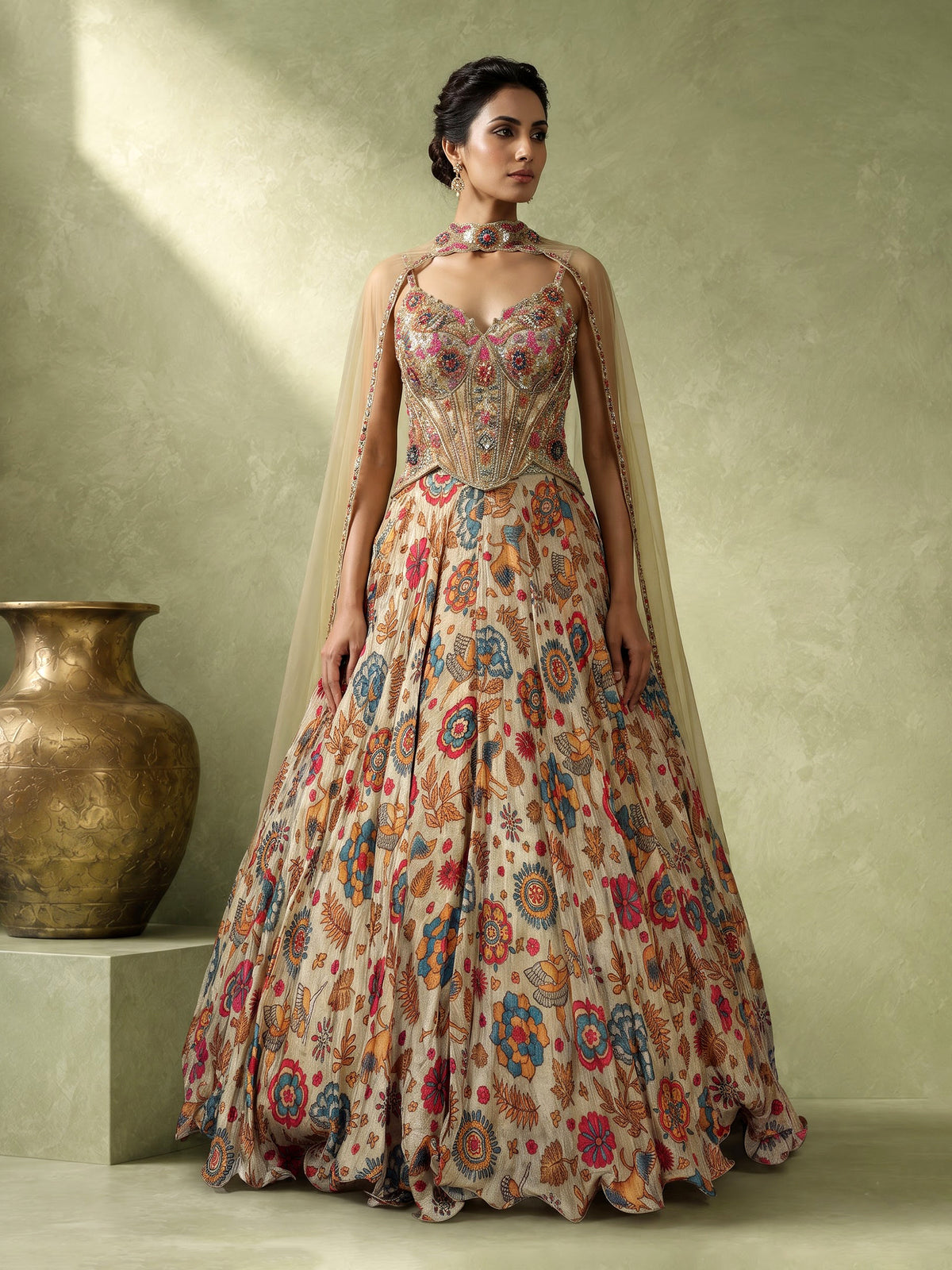 Beige floral silk lehenga choli with sparkling sequin embellishments