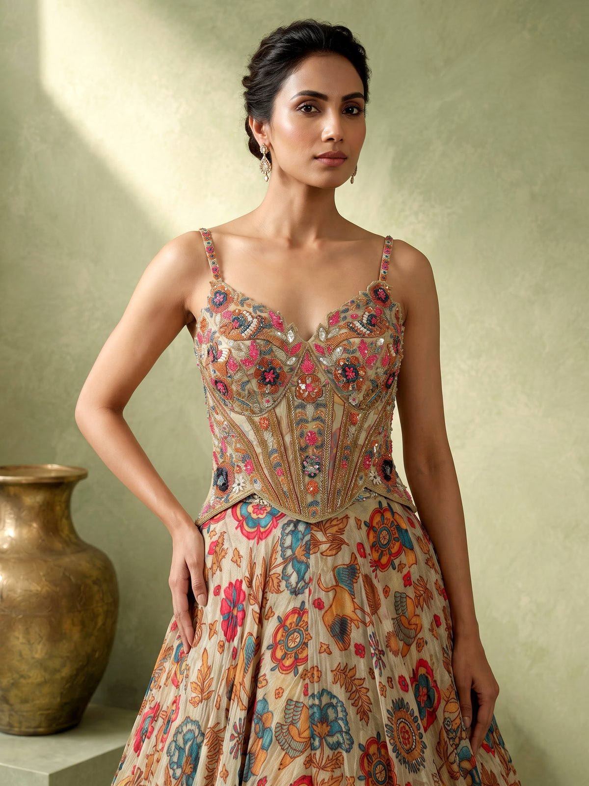 Beige floral silk lehenga choli with sparkling sequin embellishments