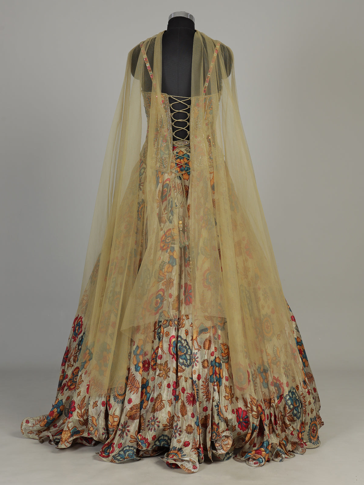Beige floral silk lehenga choli with sparkling sequin embellishments