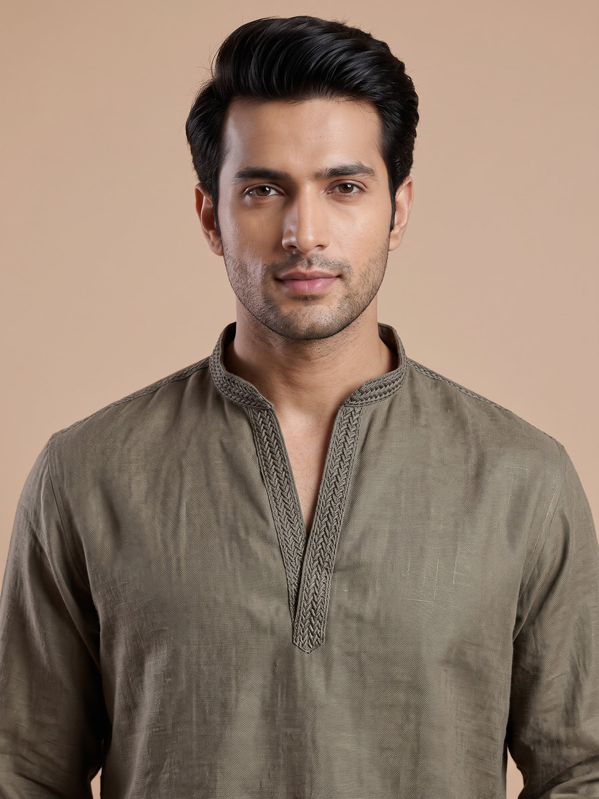 Olive green linen short kurta suit with minimalist styling