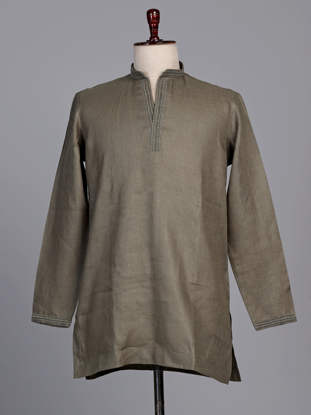 Olive green linen short kurta suit with minimalist styling