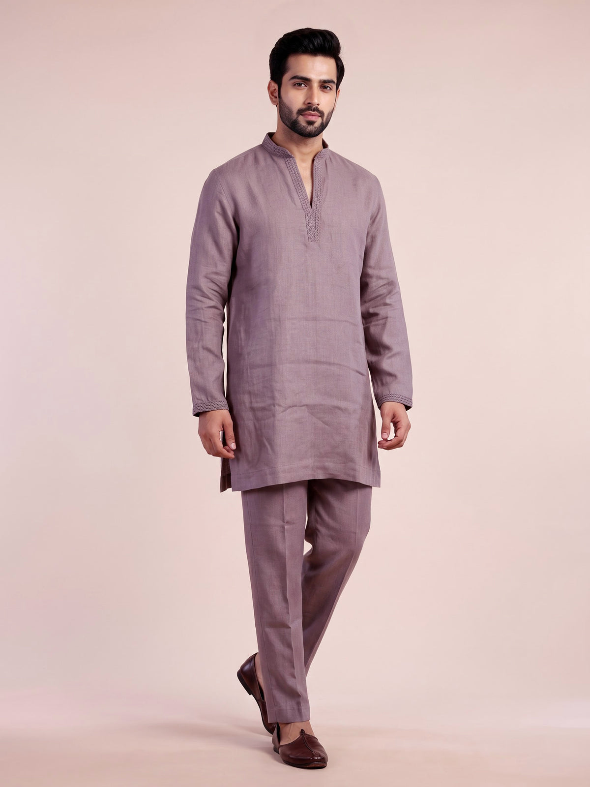 Dusty mauve purple linen short kurta suit