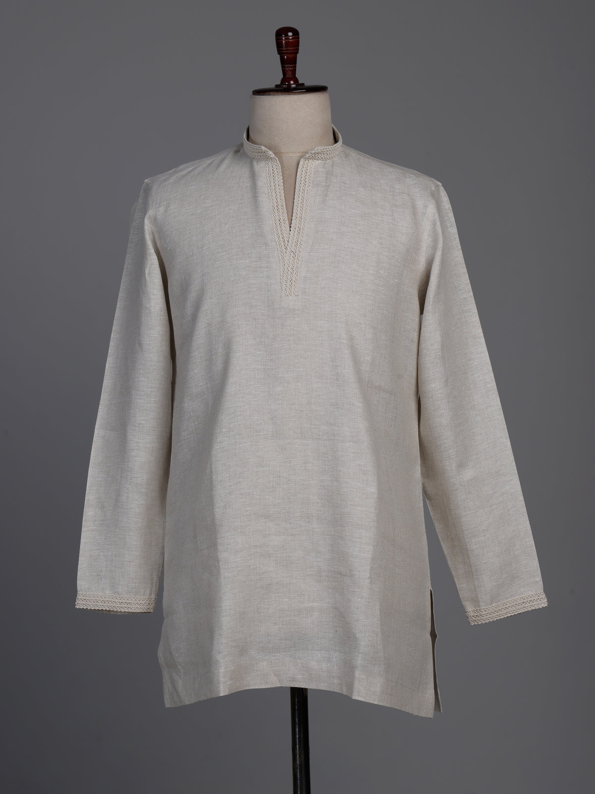 Natural beige linen kurta suit with tonal thread work accents